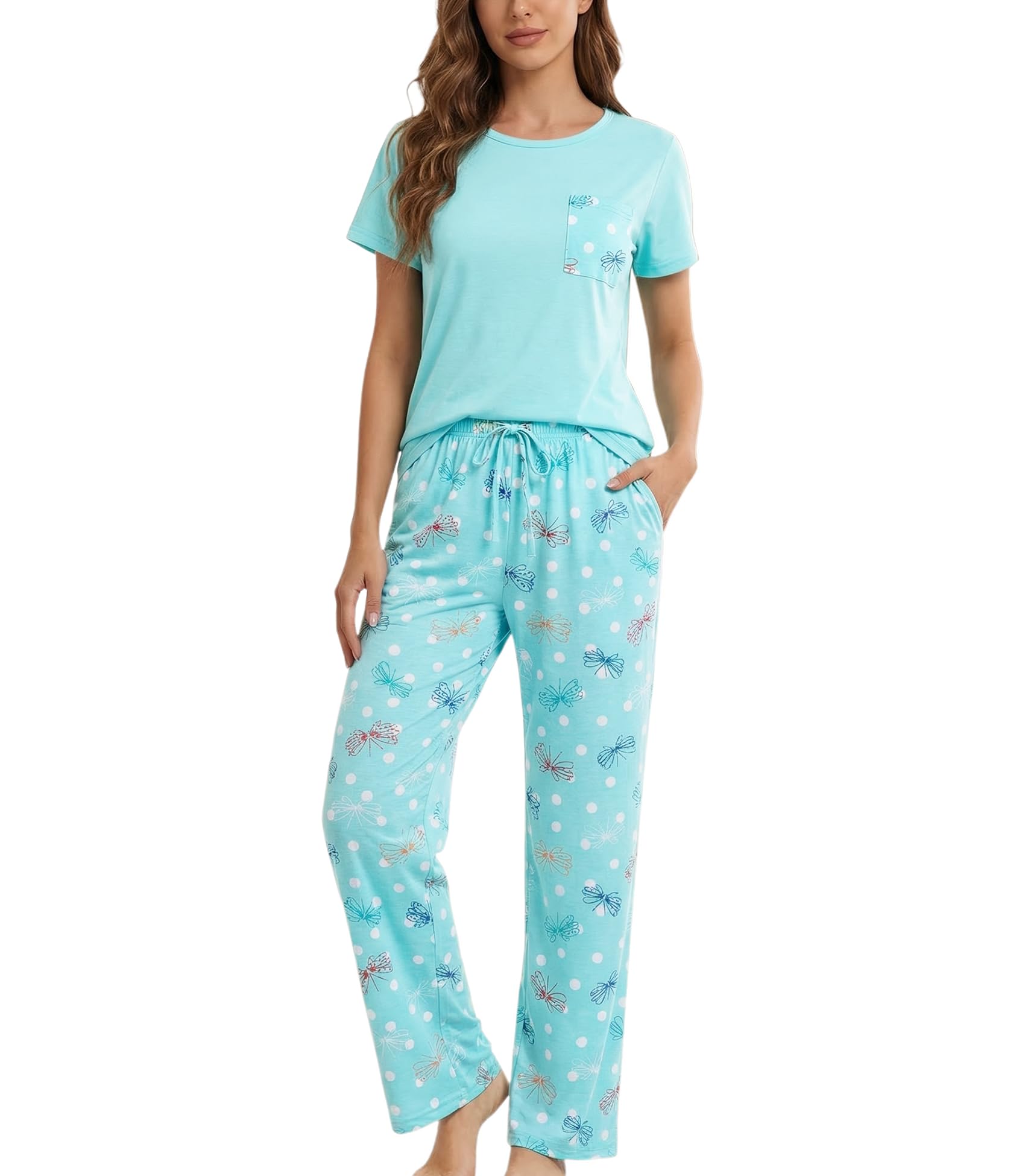 ENJOYNIGHT Schlafanzug Damen Baumwolle Kurzarm Pyjamas Set mit Taschen | Weiche zweiteilige Nachtwäsche, Oberteil mit Rundhalsausschnitt, lange Hose mit elastischem Kordelzug und zwei Seitentaschen