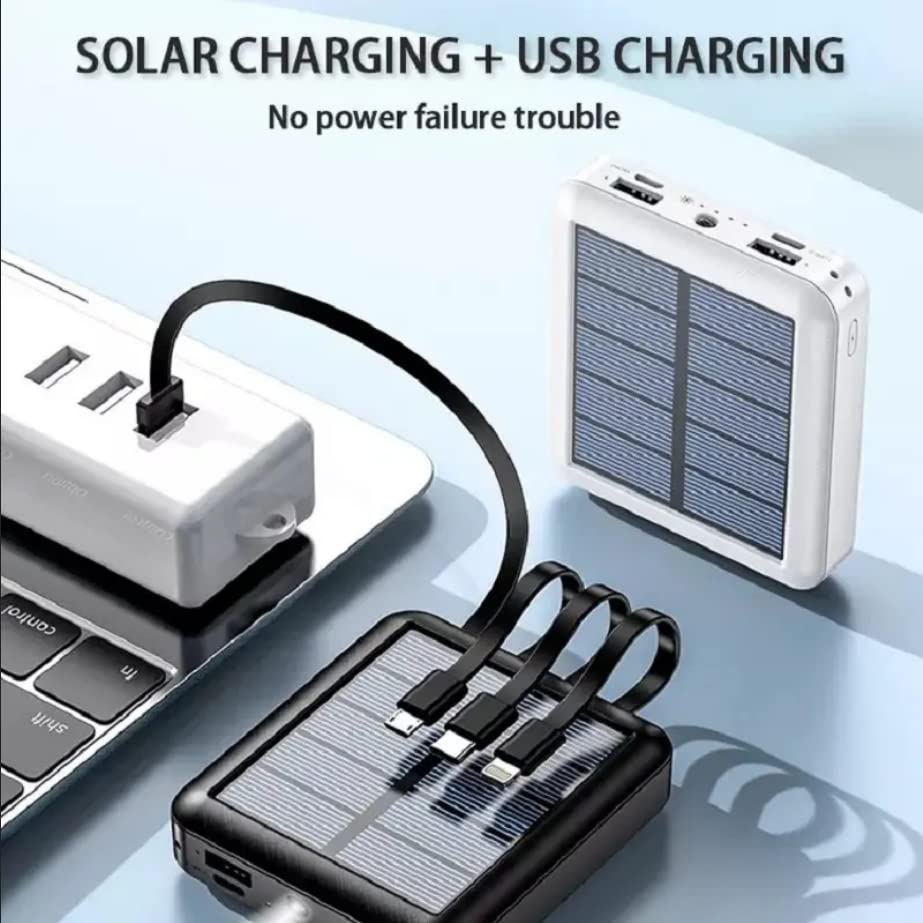 POWER BANK CARICABATTERIA PORTATILE 10000MAH CON PANNELLO SOLARE E CAVI INTEGRATI, CARICA BATTERIA 4 IN 1 RICARICA SOLARE USB-C USB-A e MICROUSB - DISCORAMA® (Mini Power Bank)