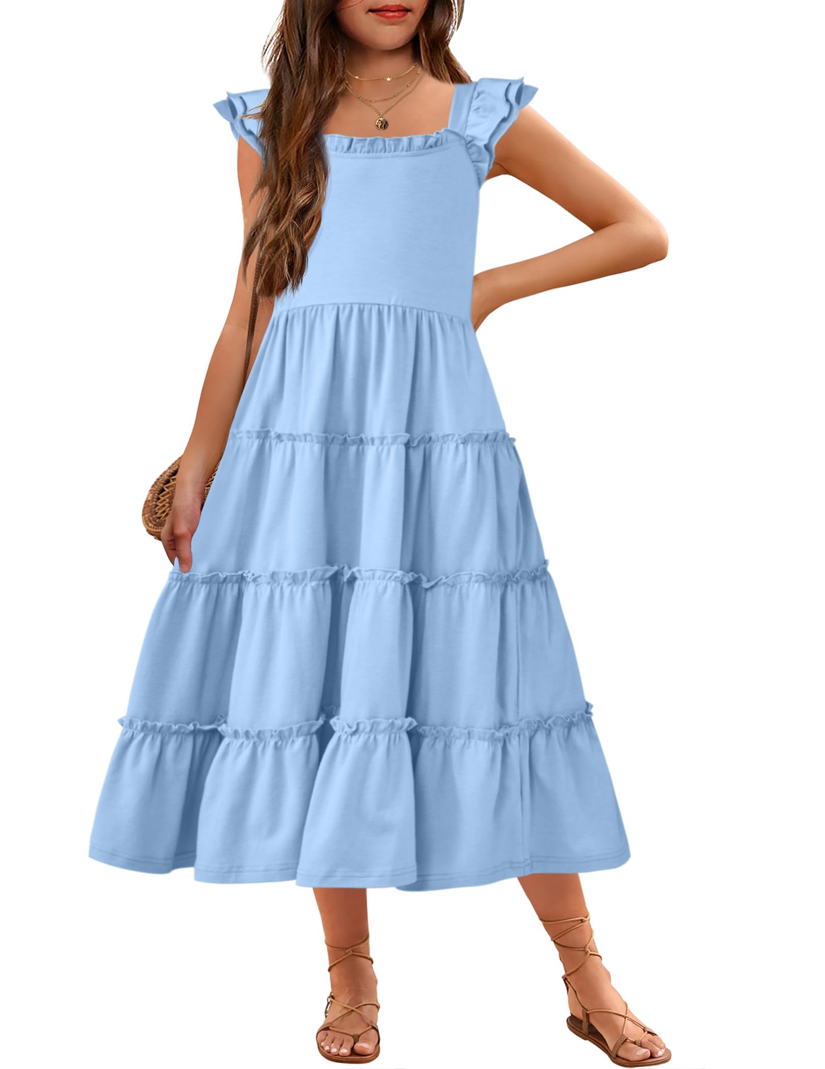 Arshiner Girls Maxi Summer Short Flutter Sleeve Casual Dress with Pockets for 4-14 Y