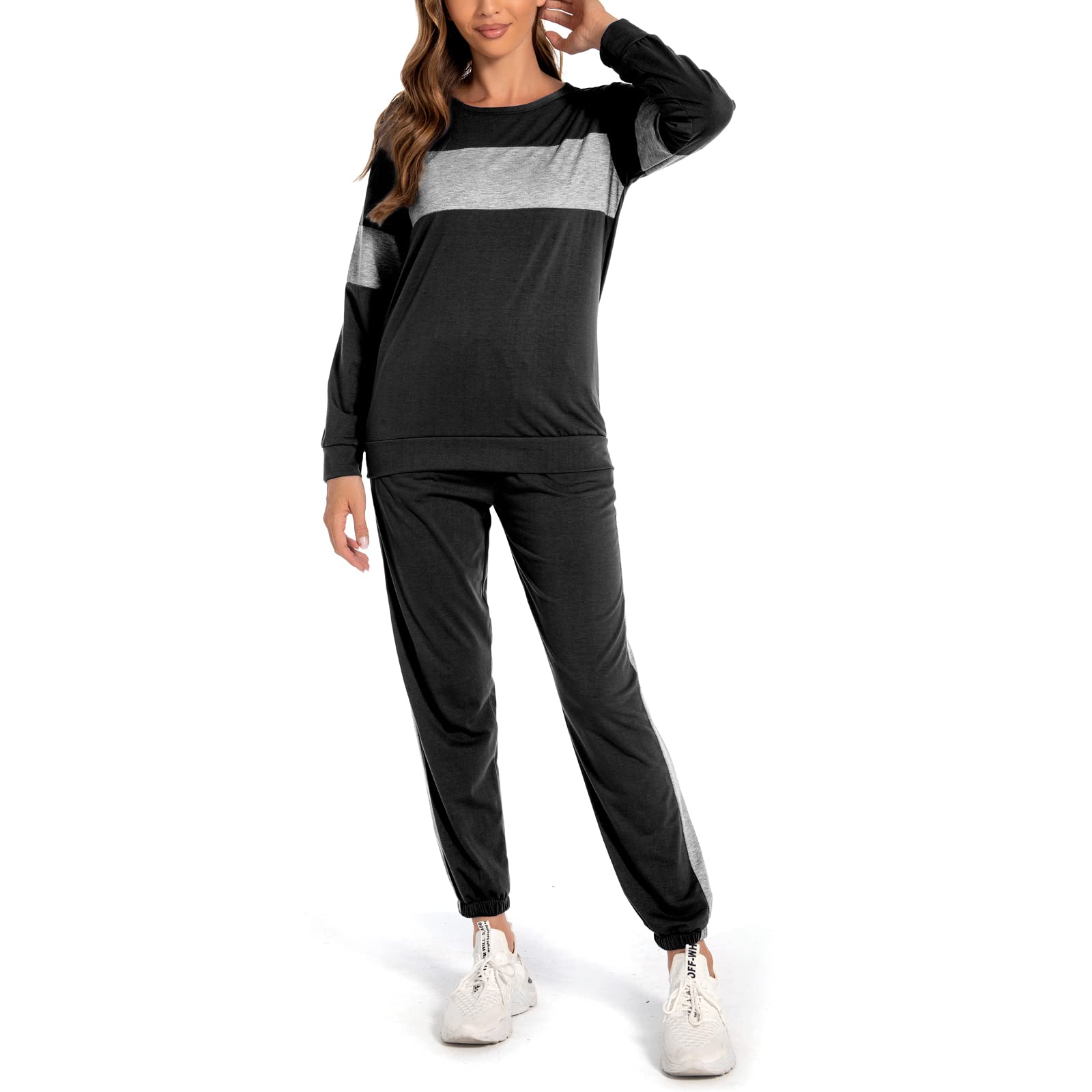 Photo 1 of SIZE LARGE Women's Two Piece Tracksuit Color Block Crewneck Long Sleeve Pullover Long Sweatpants Sport Outfits Sets Large Black