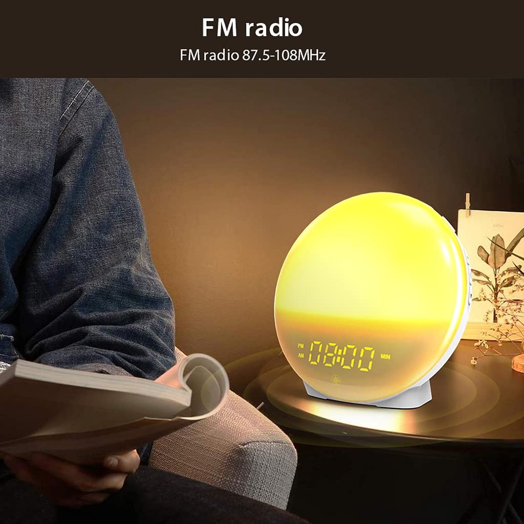 Lampada da Comodino Sunrise Simulation, Wake-Up Light Sveglia, con 6 Suoni Naturali e Funzione Snooze, Radio FM e 4 Sveglie, Sveglia Digitale per Aiuto Al Sonno