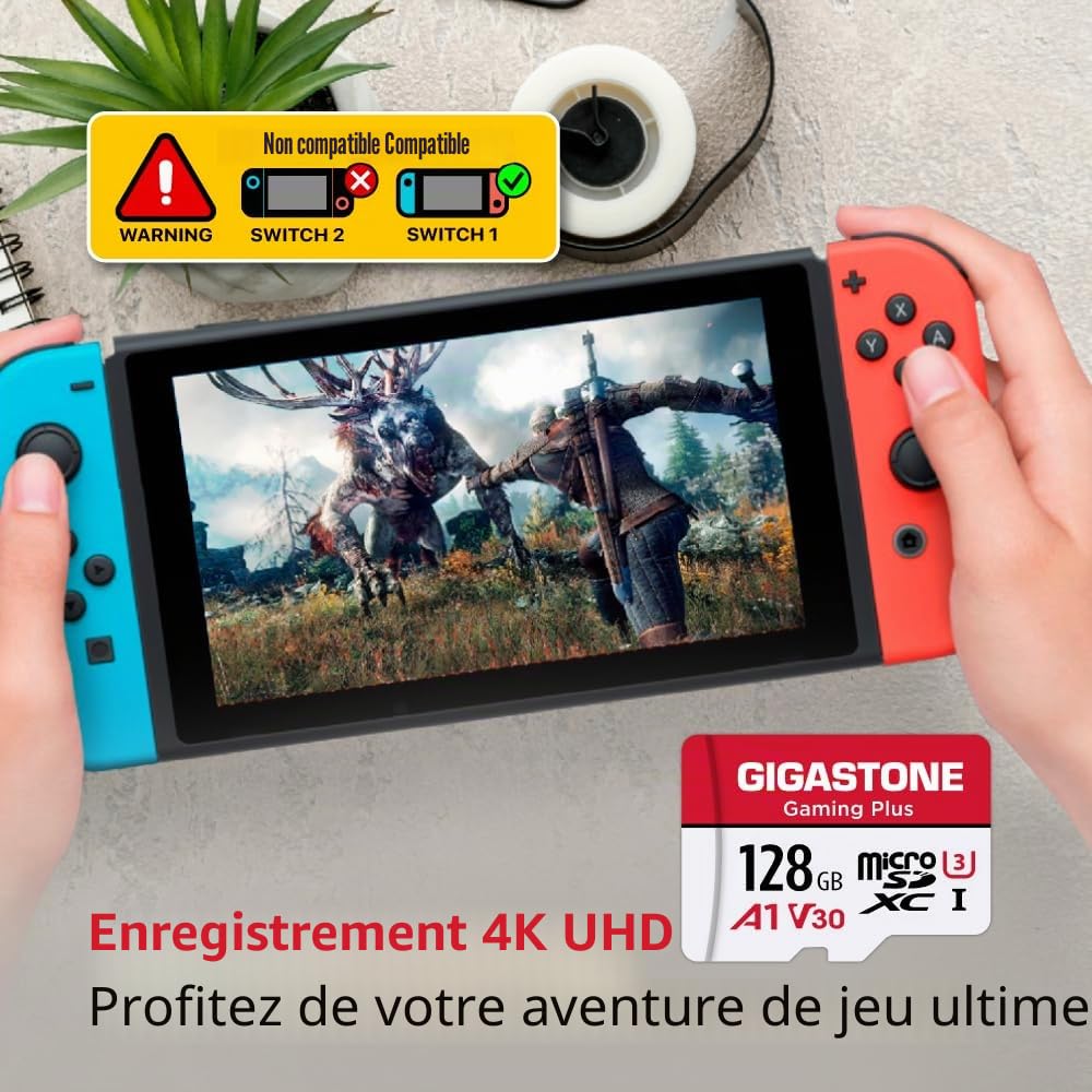 [Gigastone] Gaming Plus Carte mémoire Micro SDXC pour Nintendo Switch, Wyze, GoPro, caméra de sécurité, Enregistrement vidéo 4K, UHS-I A1 U3 V30 C10, jusqu'à 100 Mo/s, avec Adaptateur 128 Go