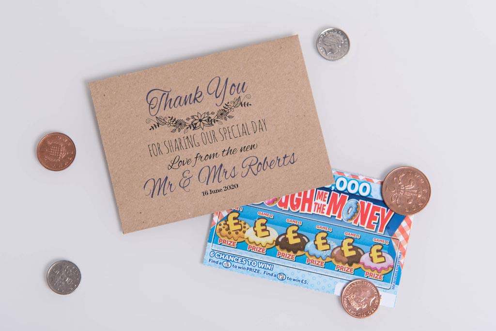 Personalised Wedding Favours - Scratch Card Holders - Lottery Ticket Envelope in White or Recycled Kraft – Thank You (Kraft 50)