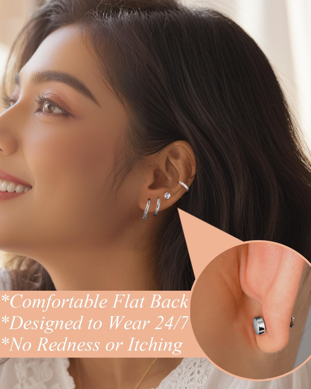 Surgical Steel Stud Earrings for Women, Hypoallergenic Flat Back Earrings for Sensitive Ears, Small Cartilage Huggie Hoop Earrings Ball CZ Opal Screw Back Stud Earrings for Women Men