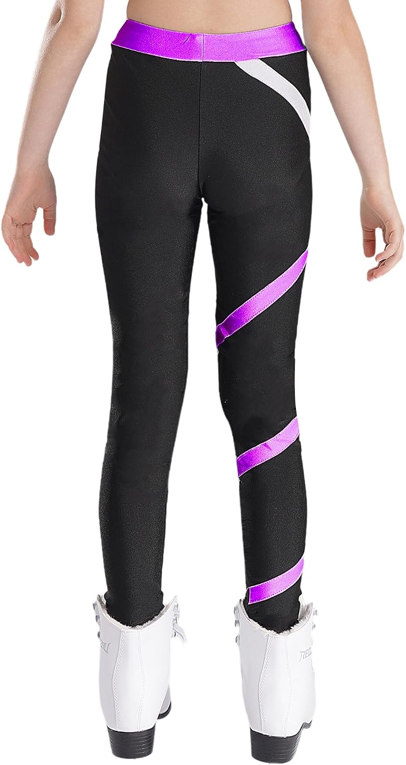 Girls Figure Skating Leggings Color Block Stretchy for Ice Rink Practice Competition