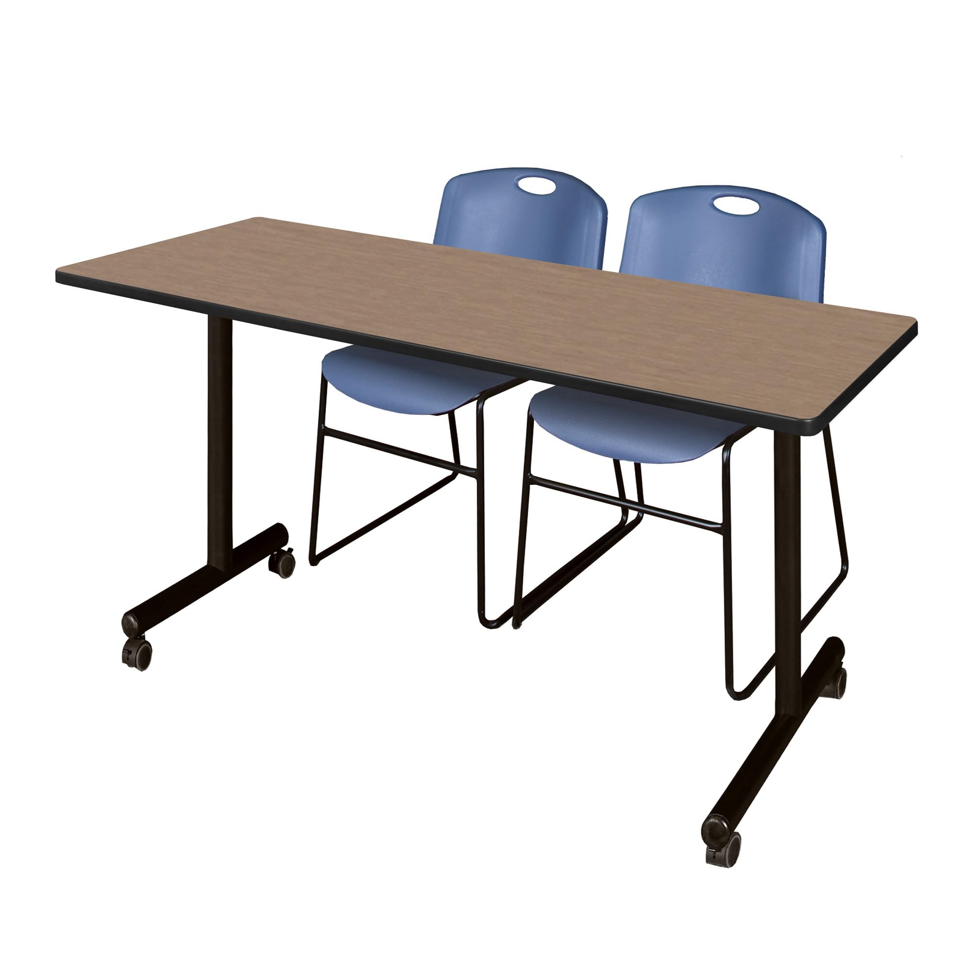 Regency Kobe 66 x 24 in. Mobile T-Base Training Table- Noble Oak, 2 Zeng Stack Chairs- Blue