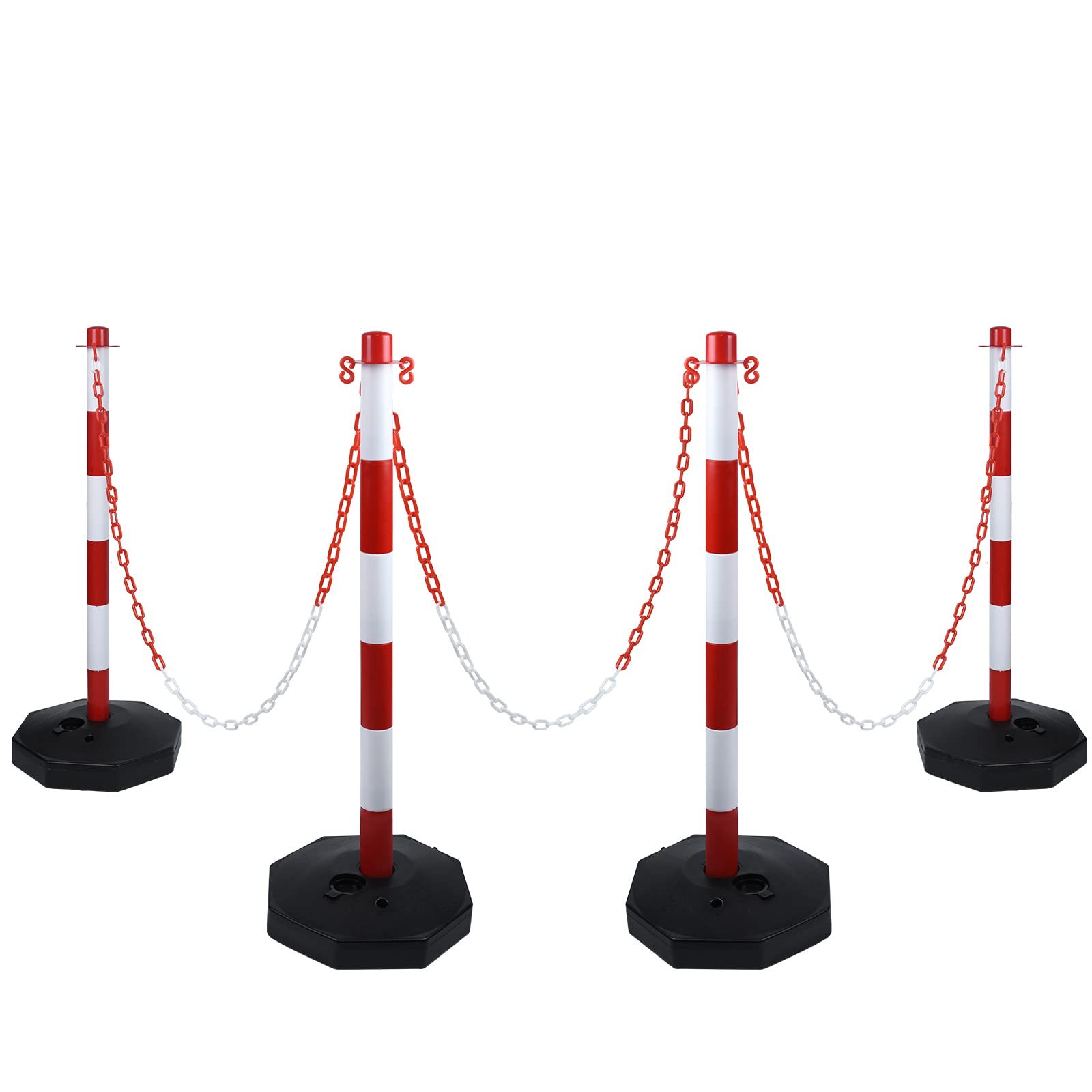 UISEBRT 4 Stück Absperrpfosten Kettenpfosten aus Kunststoff mit 4 Absperrketten von 140cm, Sperrpfosten mit Standfuß 82 x 28 x 28cm, für Verkehrskontrolle Warnung, Rot und Weiß