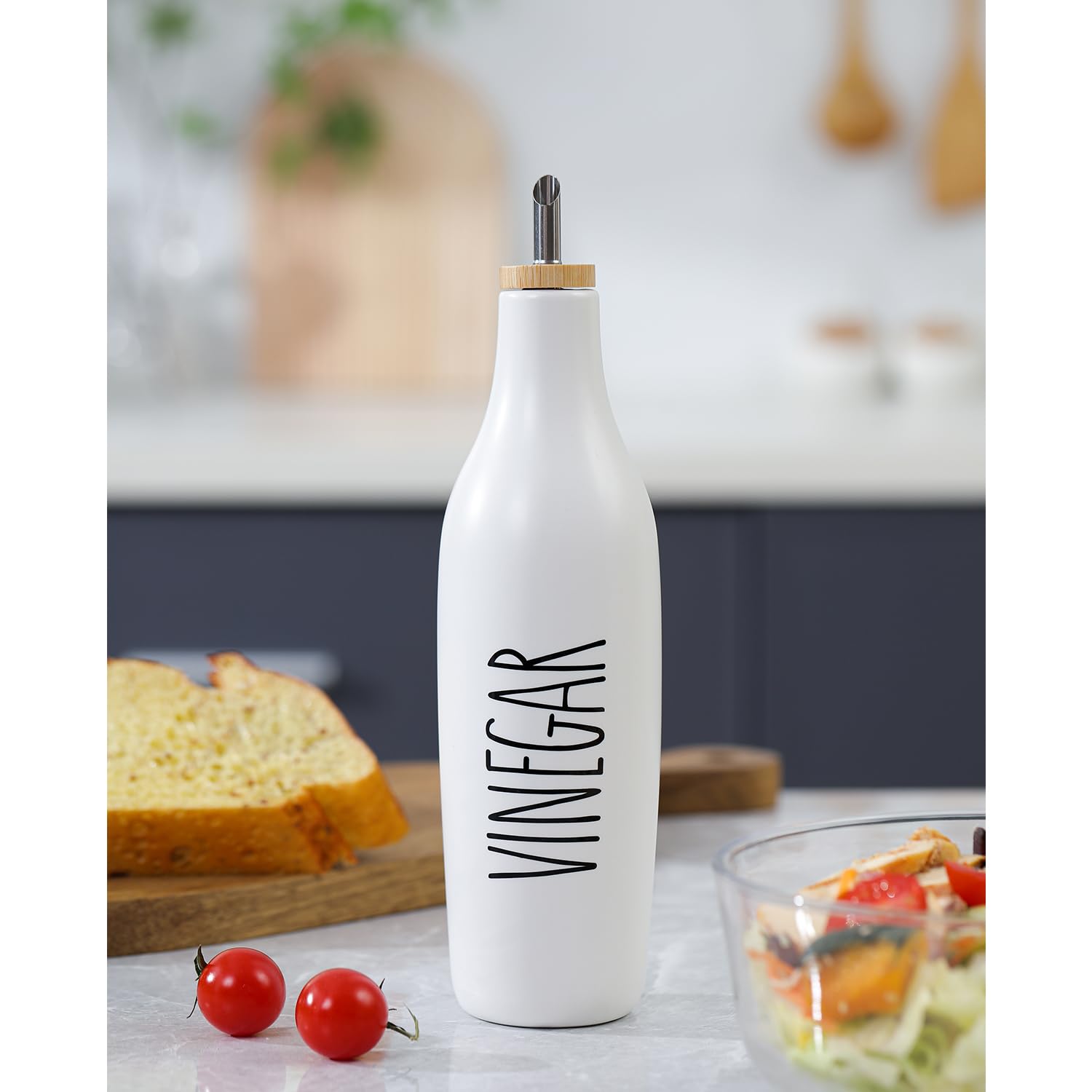HOMCDALY Dispensador de aceite de oliva de cerámica para cocina, dispensador de botellas de aceite y vinagre de gres de 16 onzas, botella dispensadora de cocina para jarabes de vinagre AOVE, diseño