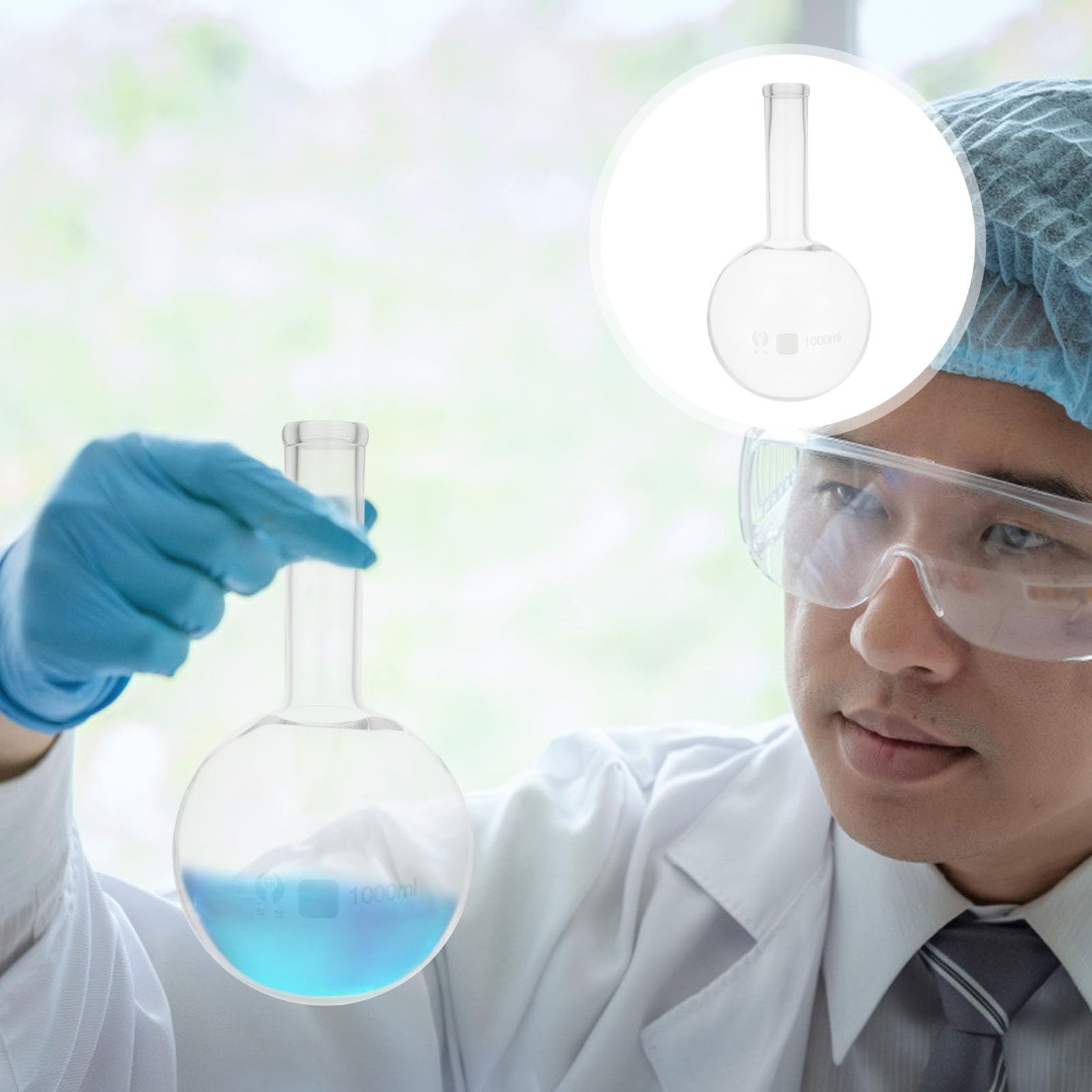Pallone a Fondo Tondo da 1000 Ml in Vetro Trasparente, Fiaschetta Scientifica per Esperimenti di Laboratorio, Riscaldamento Uniforme per Uso Scolastico e Ricerca Chimica