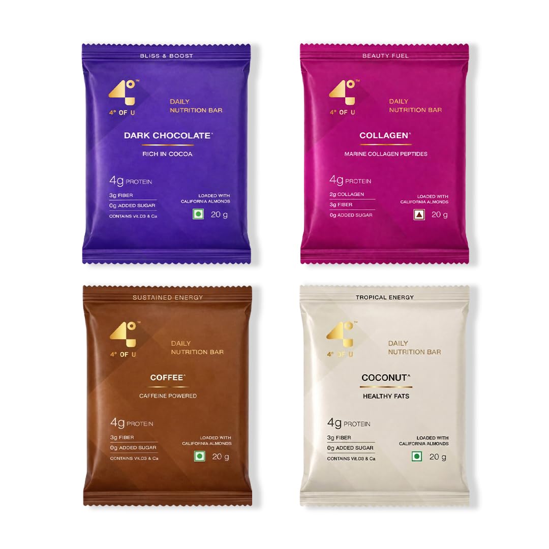 4 Degrees of U Women’s Wellness Protein Bar Trial Pack | 4 Mini Bars (20g each) (Dark Chocolate, Collagen, Coconut, Coffee) | 4g Protein with no added Sugar, 3g Fiber, Calcium & Vitamin D3