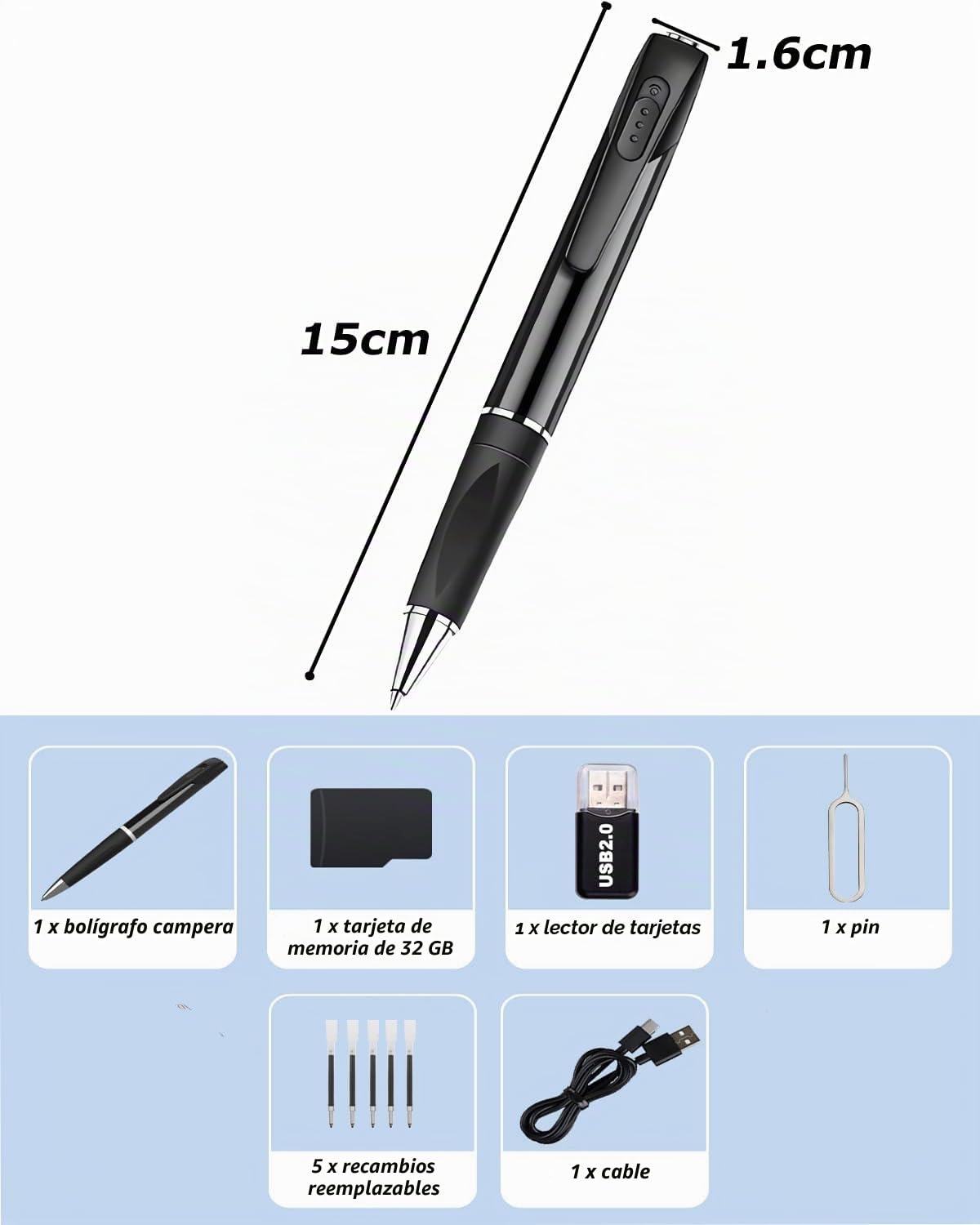FARONG Mini Cámara Oculta Bolígrafo, 1080P Mini Cámaras Espía Pen con Grabación de Vídeo y Toma de Fotos Incluye MicroSD 32GB con Batería Recargable
