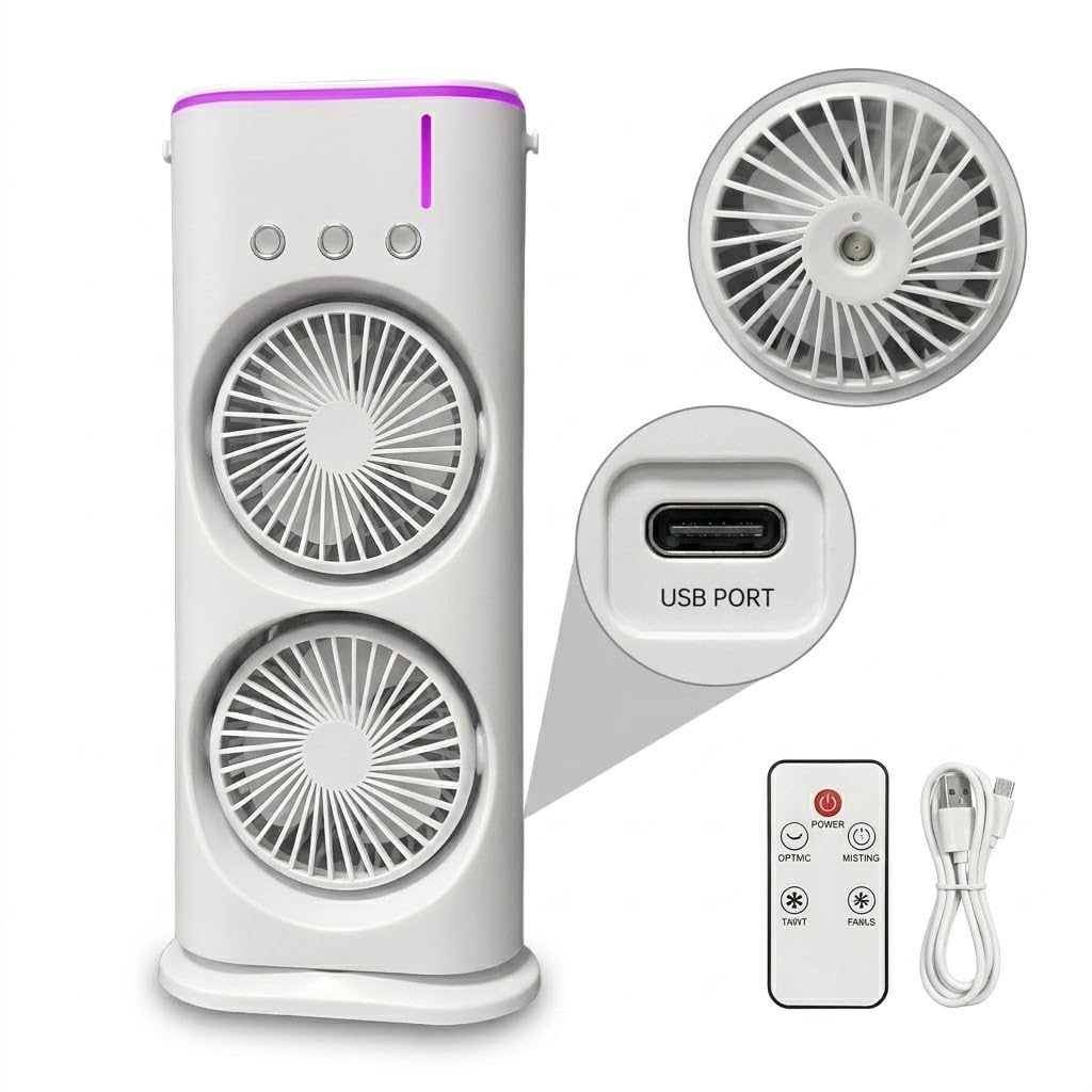 Drumstone 5 𝒀𝒆𝒂𝒓𝒔 𝑾𝒂𝒓𝒓𝒂𝒏𝒕𝒚 Rechargeable Double Ended Spray Fan USB Portable Cooling Fan with Mist Humidifier, Remote Control, Rotatable Mini Air Cooler for Home Office.-image-36
