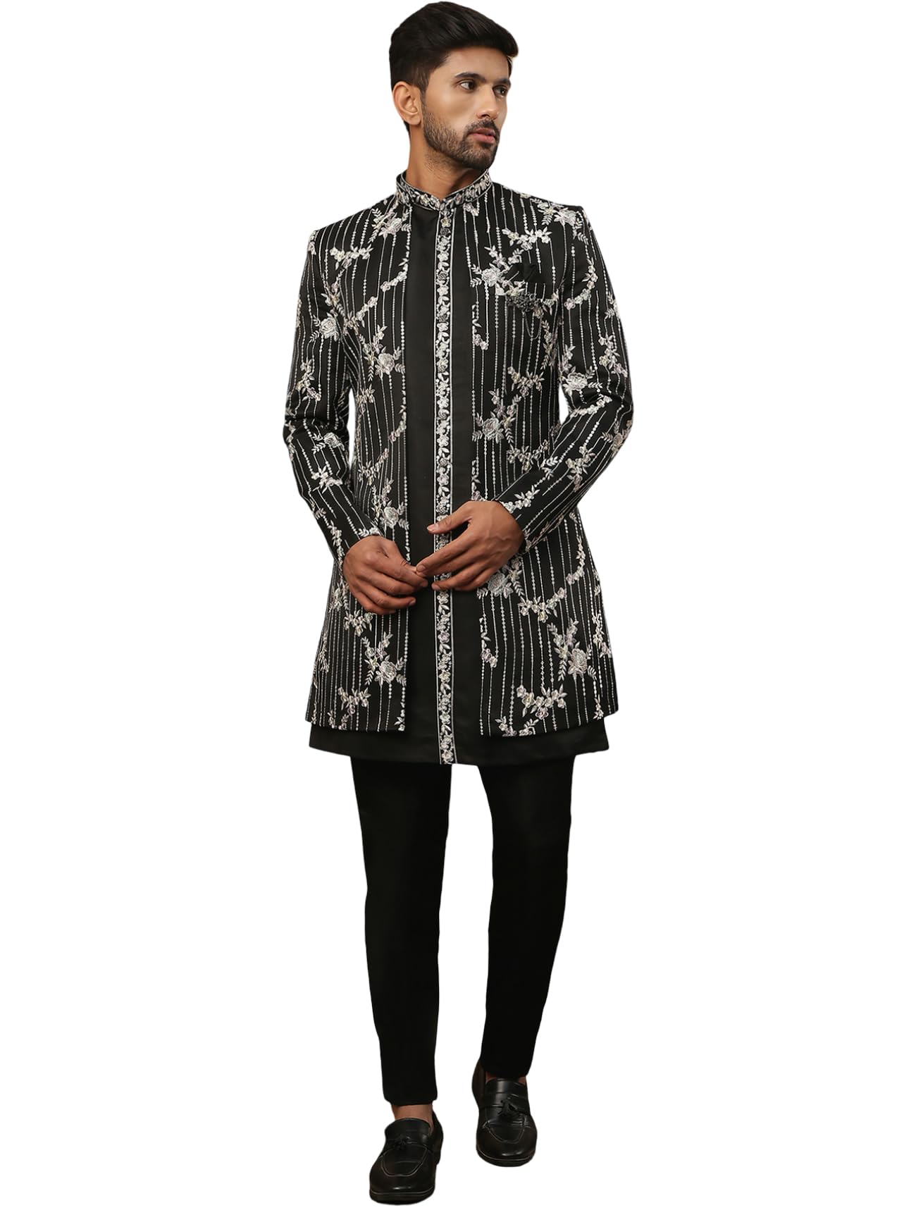 Men Black Embroidered Indo-Western Set