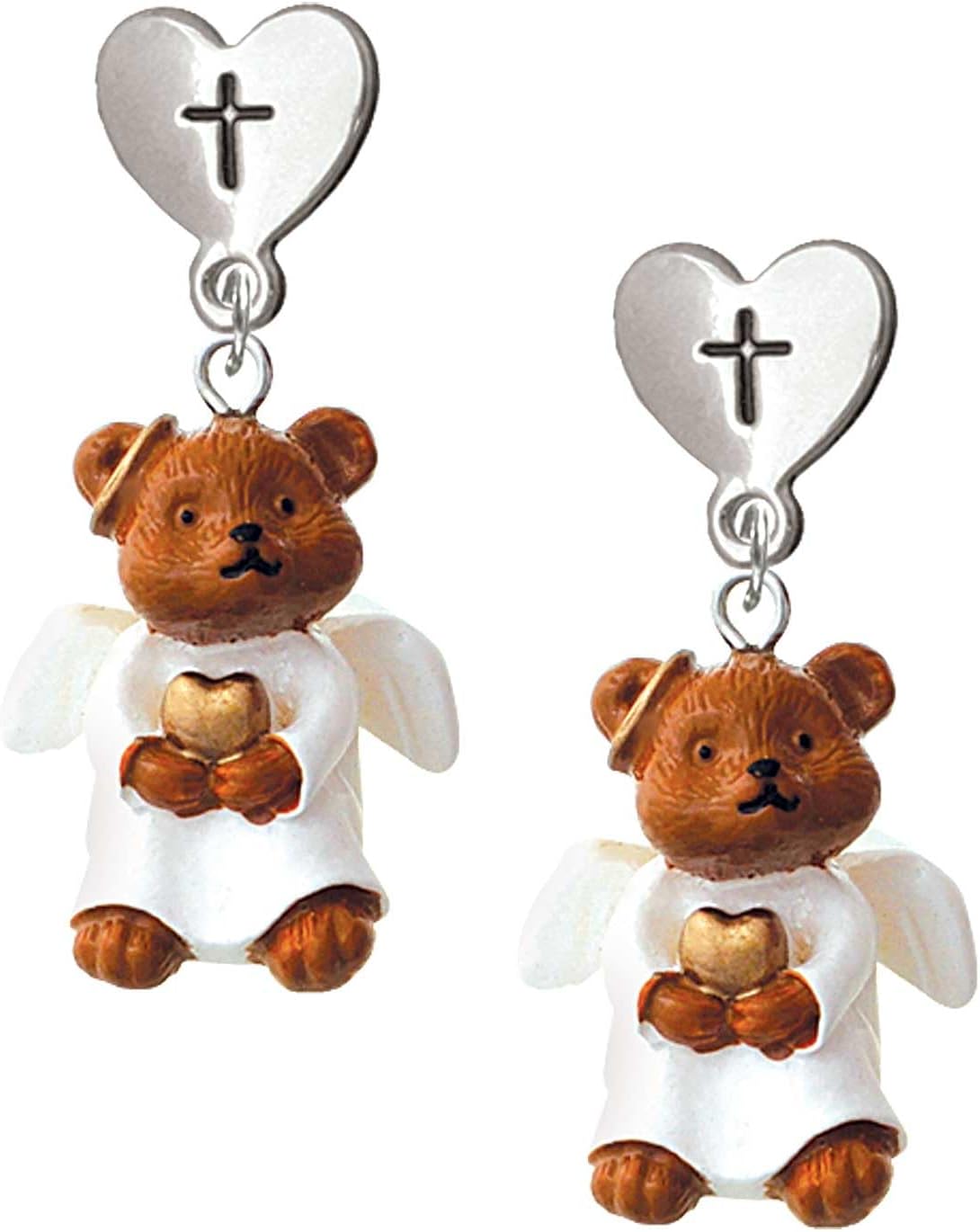 Delight Jewelry Resin Angel Bear Silvertone Cross in Heart Post Dangle Earrings