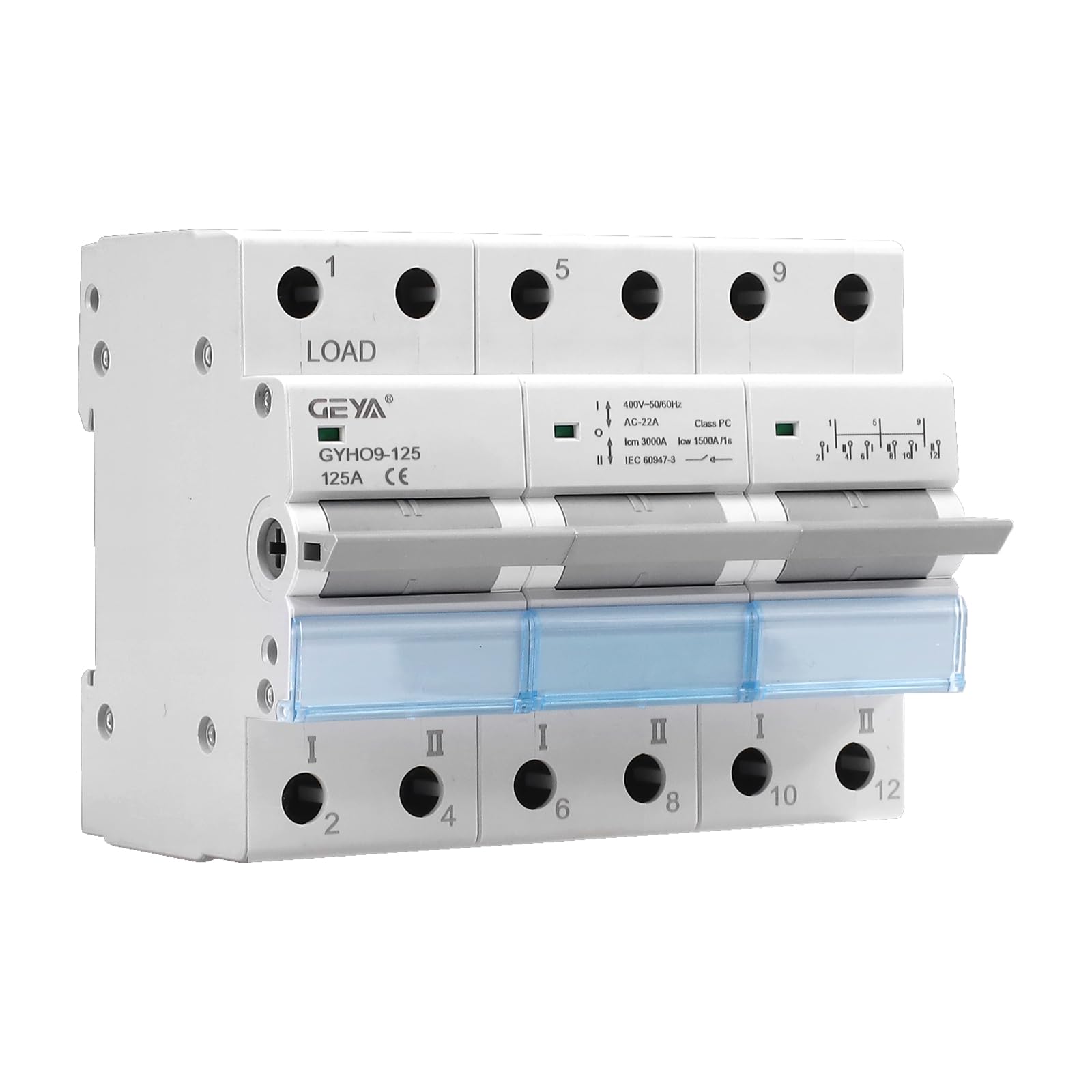 GEYA Manual Transfer Switch Dual Power Manual Conversion Isolation Switch with Indicator DIN Rail Mount(3P-125A-400V)