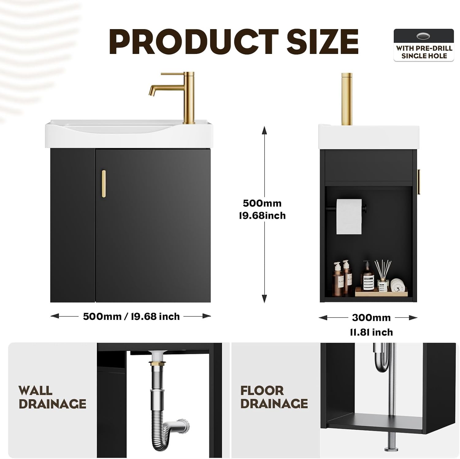 phiestina 20 Inch Pre-Assembled Black Floating Bathroom Vanity with Sink for Small Space, Wall Mounted Cabinet with Sink, Left Side Storage, Soft-Close Door, No Faucet,BV07-20-PUREBLACK-PLUS