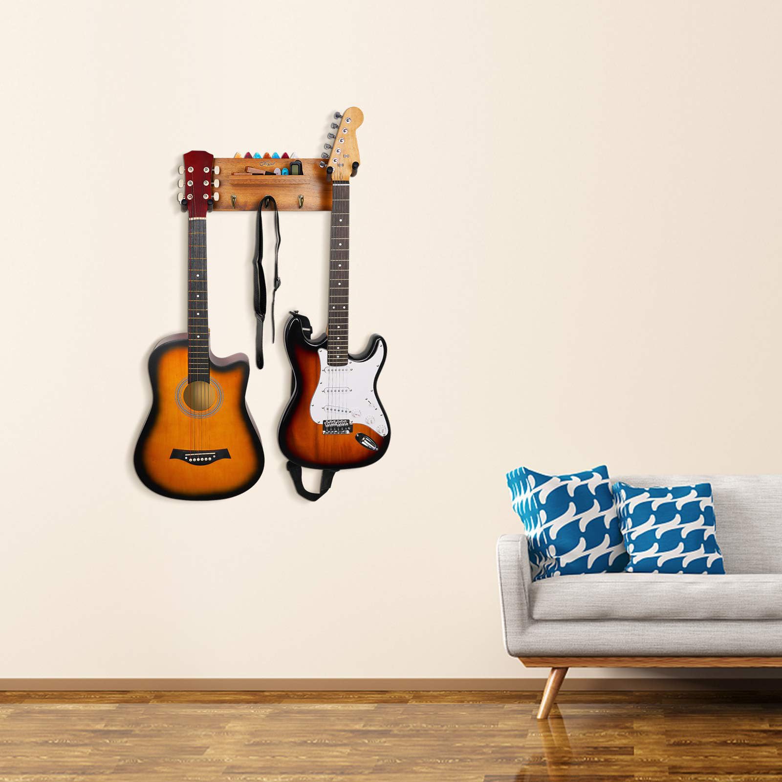 Soporte de pared para guitarra con 2 ganchos de goma giratorios, colgador de pared para guitarra de madera con estante y soporte para púas, soporte de pared para guitarra eléctrica acústica, bajo,