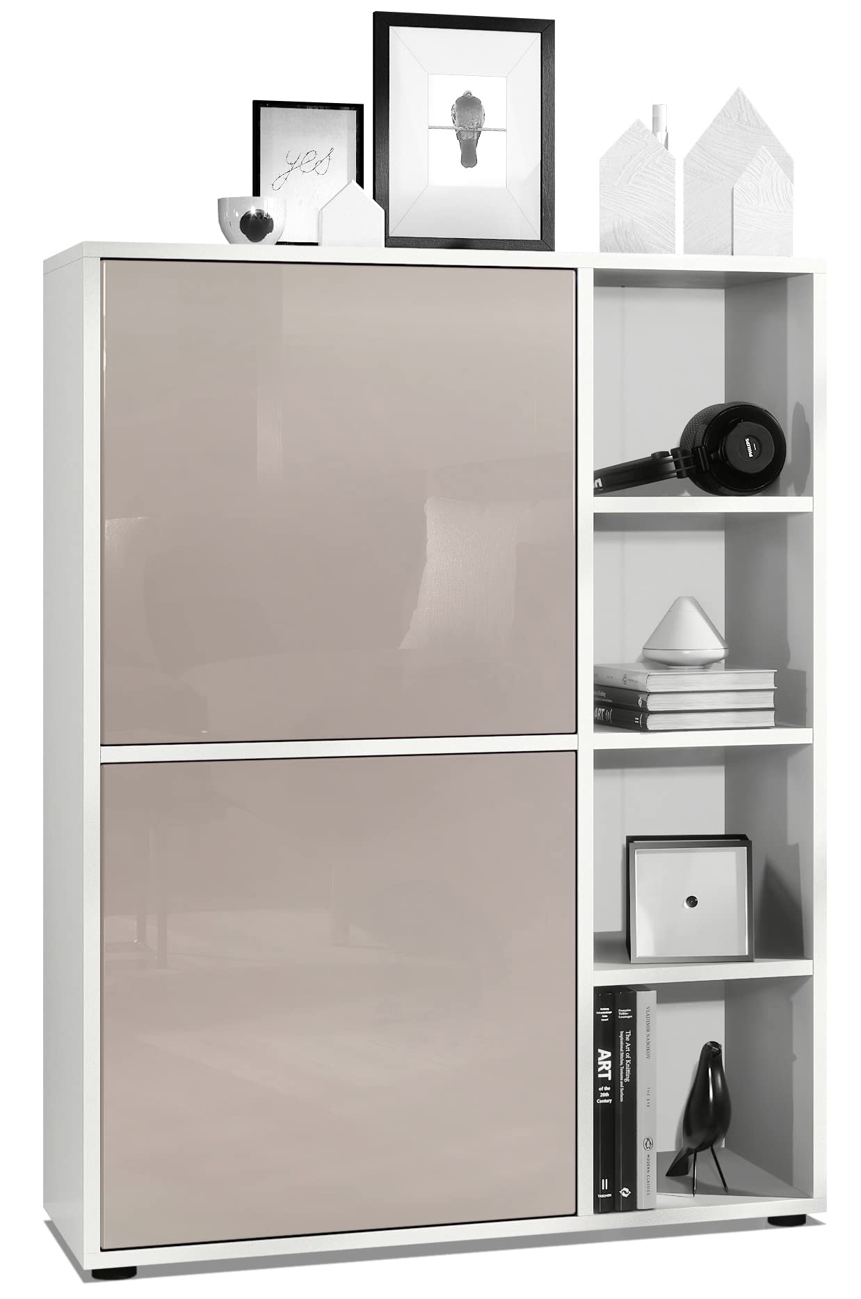 Vladon Highboard Schrank Anrichte Cuba mit 8 Fächern, Made in Germany, Korpus in Weiß matt/Fronten in Sandgrau Hochglanz