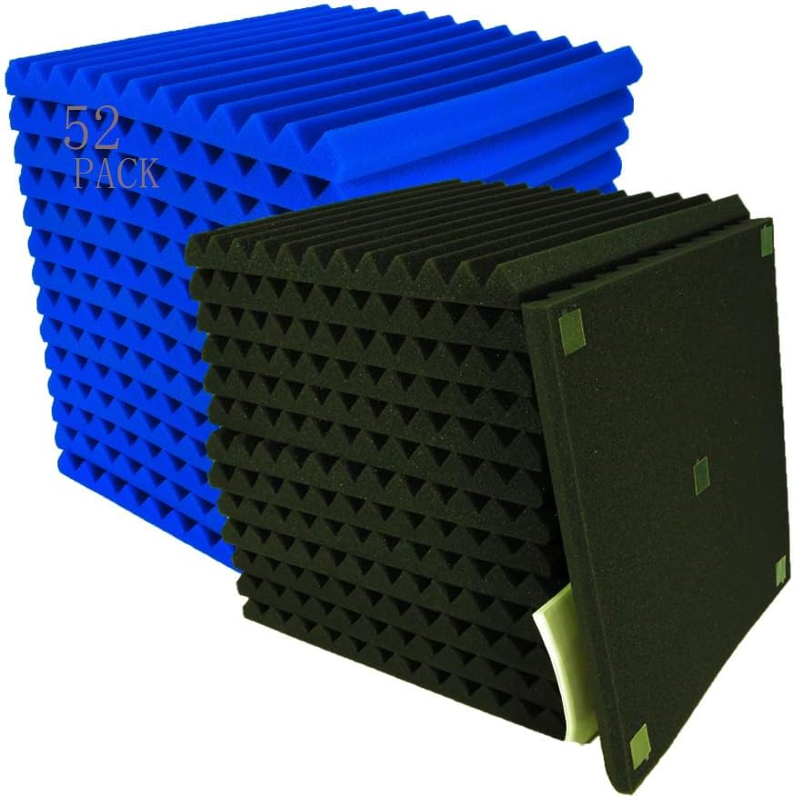 Paquete de 52 paneles acústicos de espuma insonorizada de estudio de 12 x 12 x 1 pulgadas (24 + 24 negro)