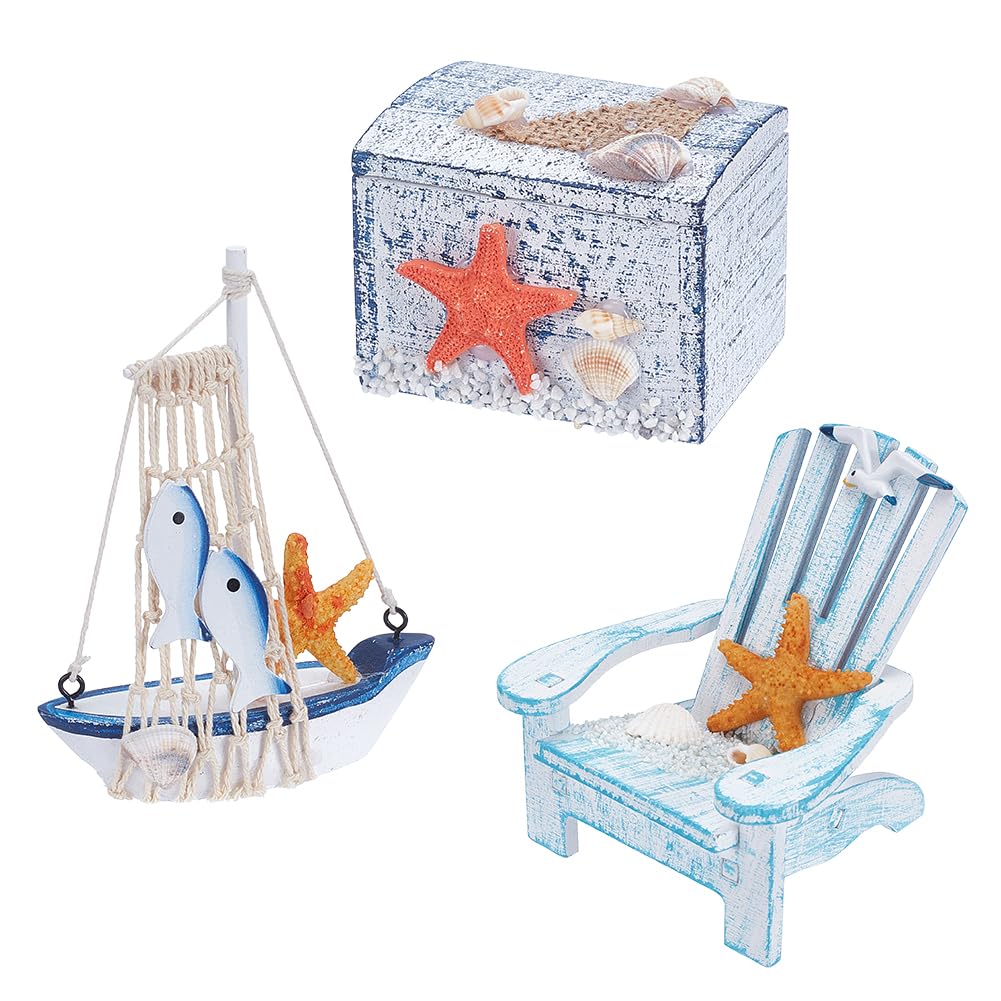 UNICRAFTALE 1 Set Wooden Starfish Beach Miniature Decoration Mini Chair Sailboat Treasure Chest Beach Decor Nautical Theme Decoration for Home Bookshelf Office Desk Decor