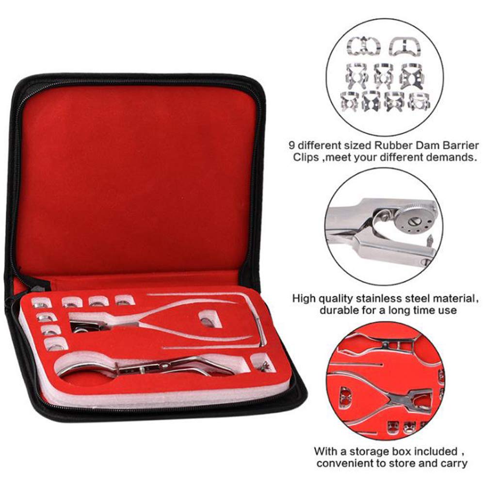 12 piezas Kit de dique de goma Perforador de goma Alicates de punzón Abrazaderas de presa Cuidado de los dientes Dental para dentista Ortodoncia.
