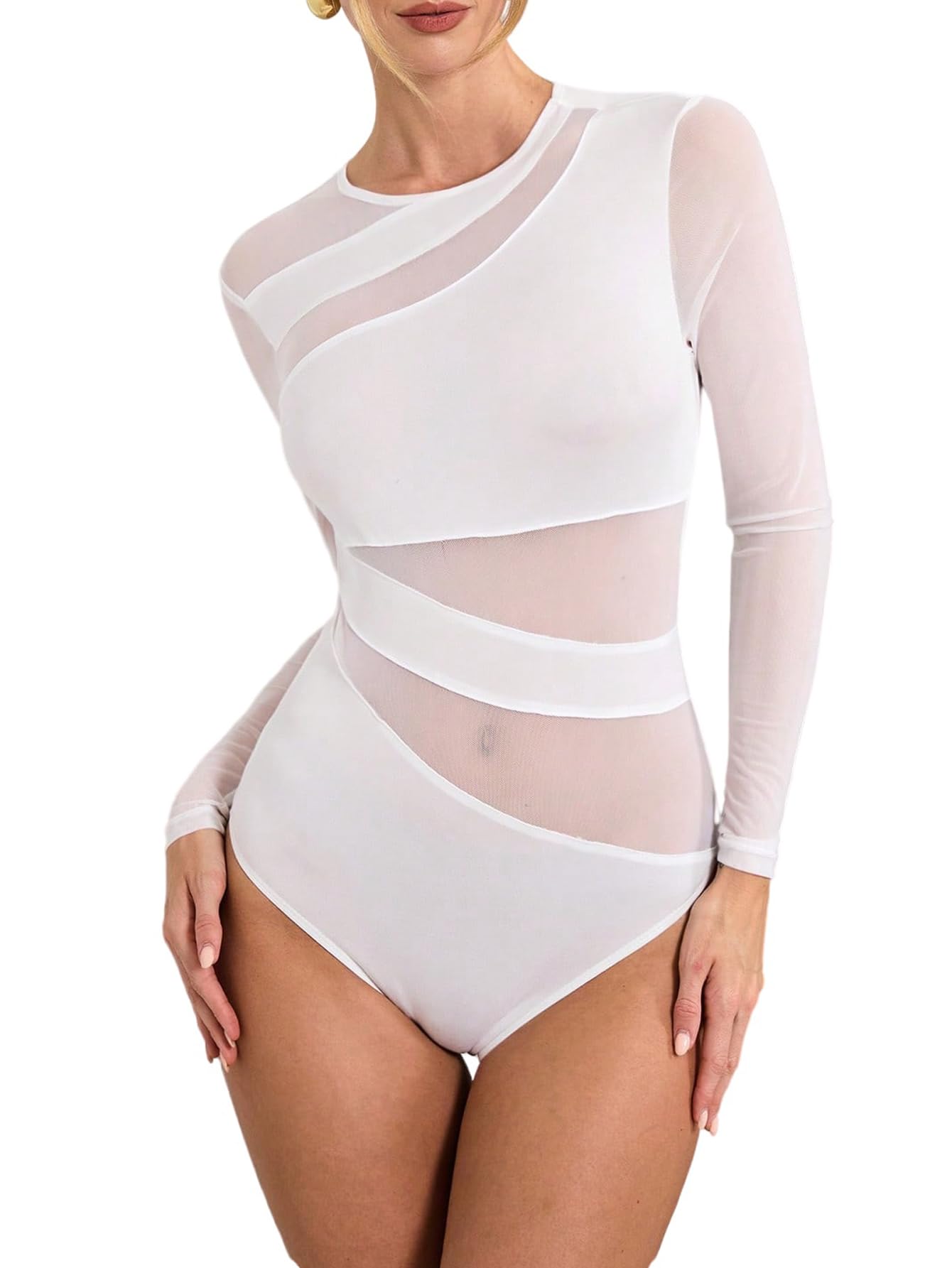 GORGLITTER Body élégant pour femme avec maille transparente - Manches longues - Pour l'automne et les festivals