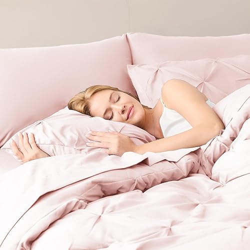 Miniatura 9 de CozyLux - Juego de edredón tamaño Queen rosado rubor, 7 piezas con diseño pintuck en una bolsa, juego de ropa de cama premium rosa, juego de edredón