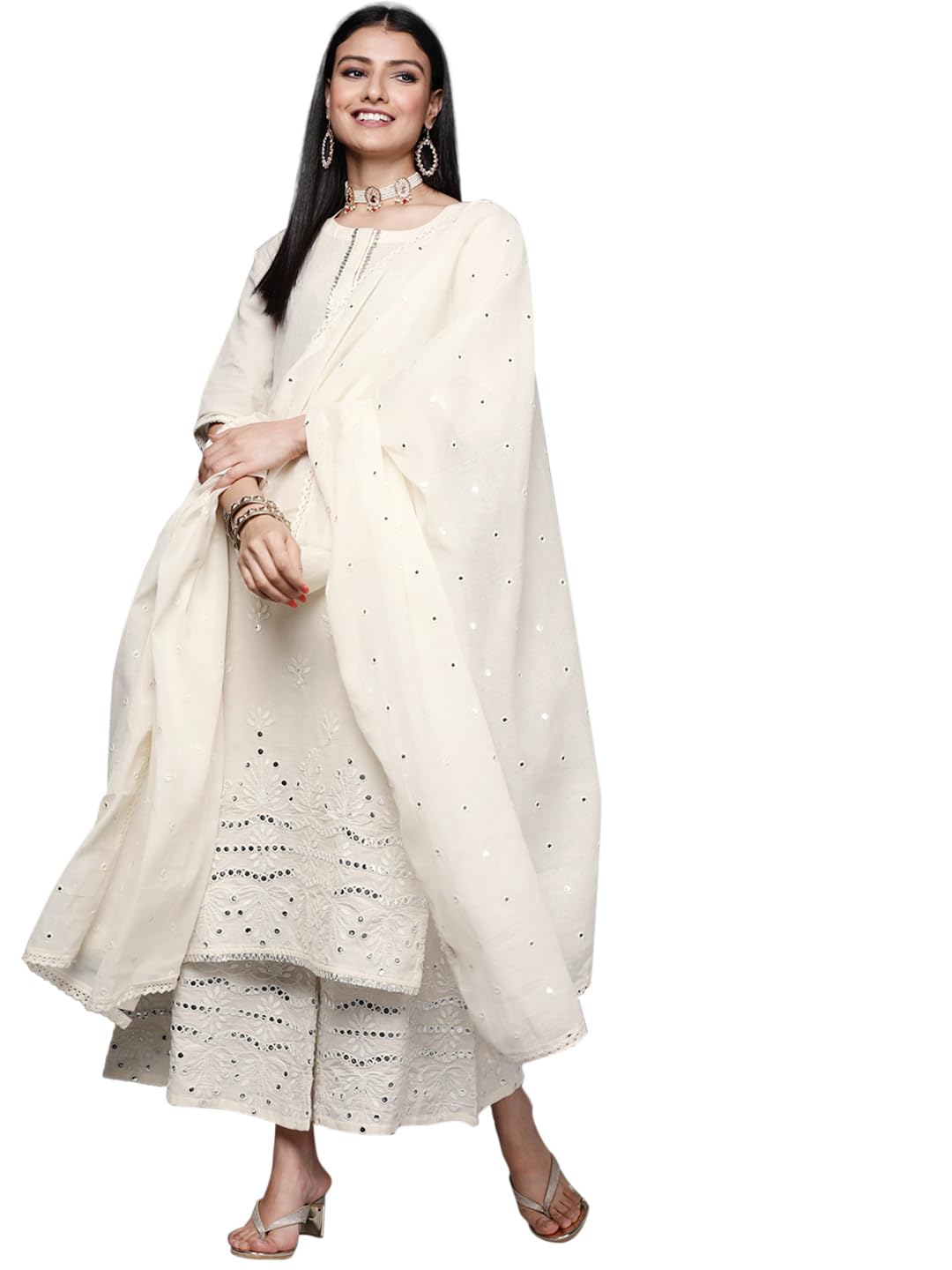 Women Embroidered Cotton Straight Kurta & Palazzo With Dupatta