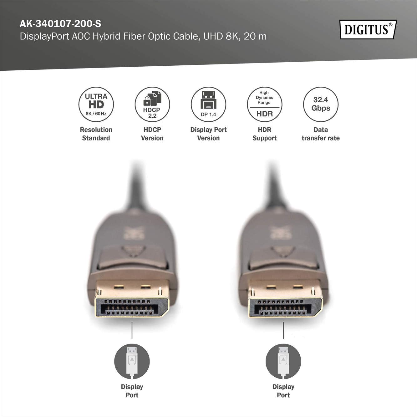 DIGITUS Kabel światłowodowy DisplayPort – 20 m – UHD 8k 60Hz 4k 120Hz – Displayport 1.4 – 32,4 Gbps – HDR, HDCP 2.2, CEC – Kabel hybrydowy AOC – Pozłacane styki – Czarny