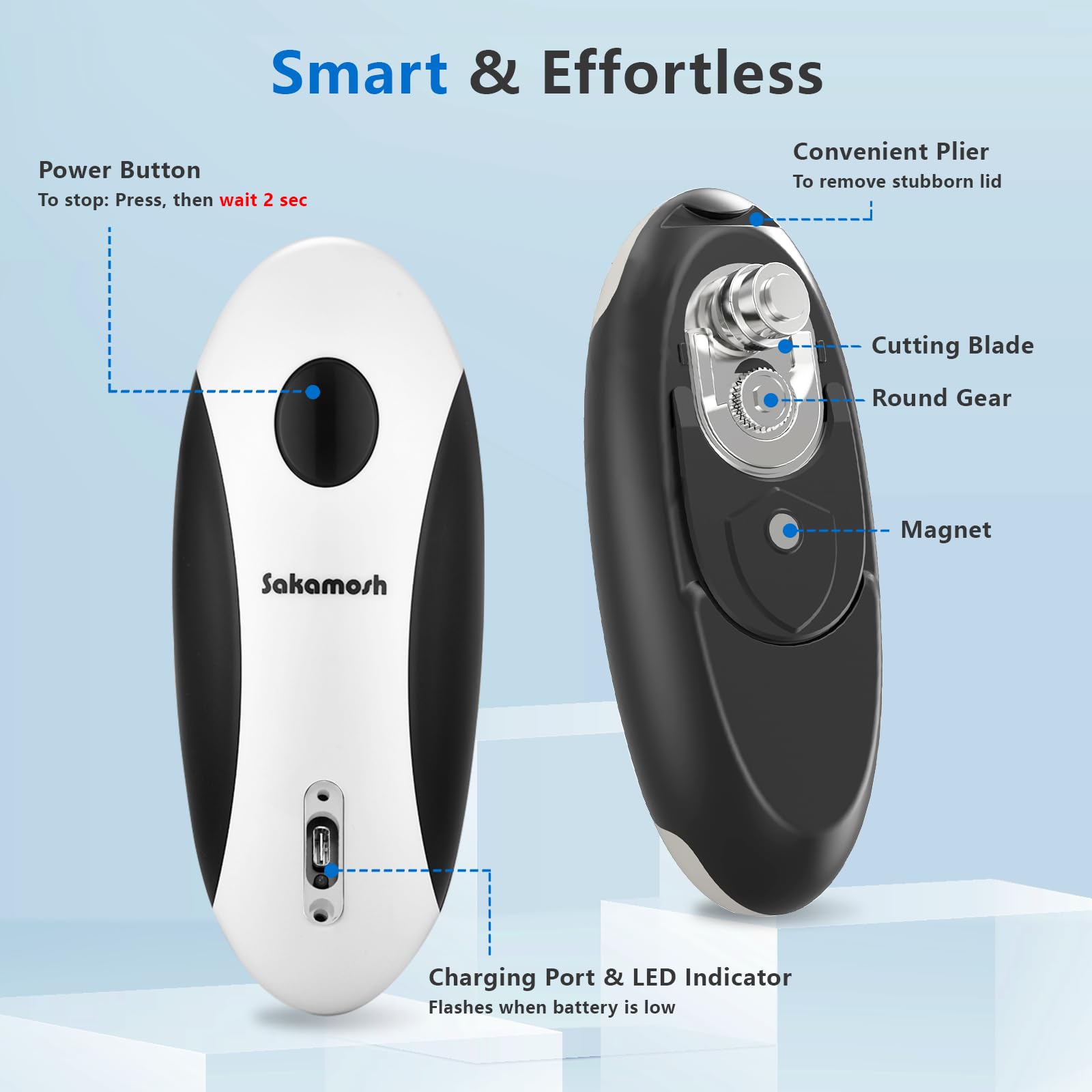 SAKAMOSH Abrelatas eléctrico recargable para personas mayores, abrelatas eléctrico manos libres con borde liso para cocina, abridor automático de un solo toque que se adapta a la mayoría de latas