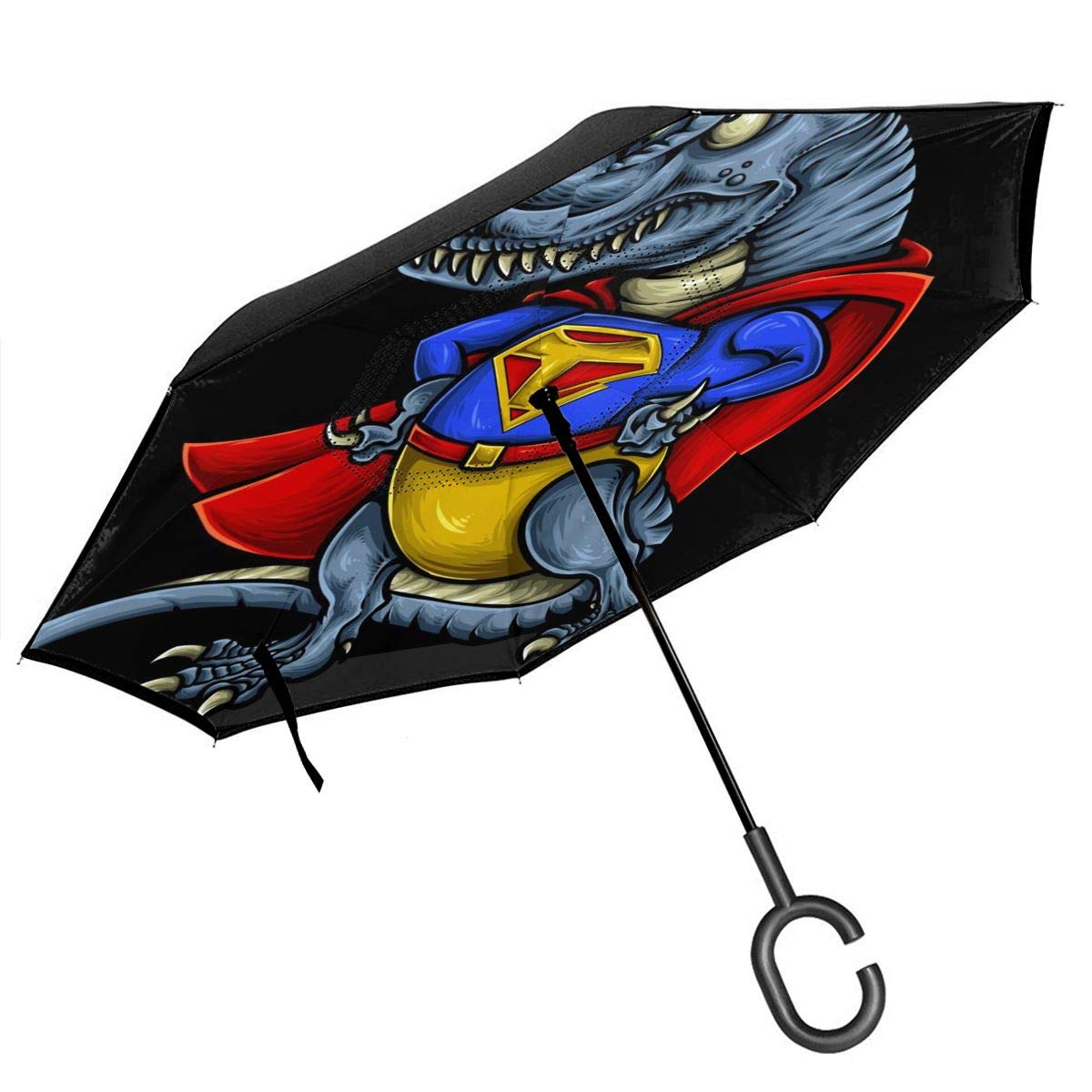 Dinosaur with Superhero Costume C Shape Handle for Car Use,Windproof and Waterproof Reverse Folding Lightweight Umbrellas