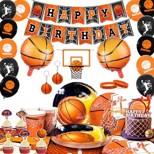 Ensemble d'Anniversaire de BasketBall, Set de Vaisselle & Décorations de Fête de Basket-Ball, Bannière d'Anniversaire Bracelets Nappe Tasses etc Fournitures de Fête de Basket-Ball