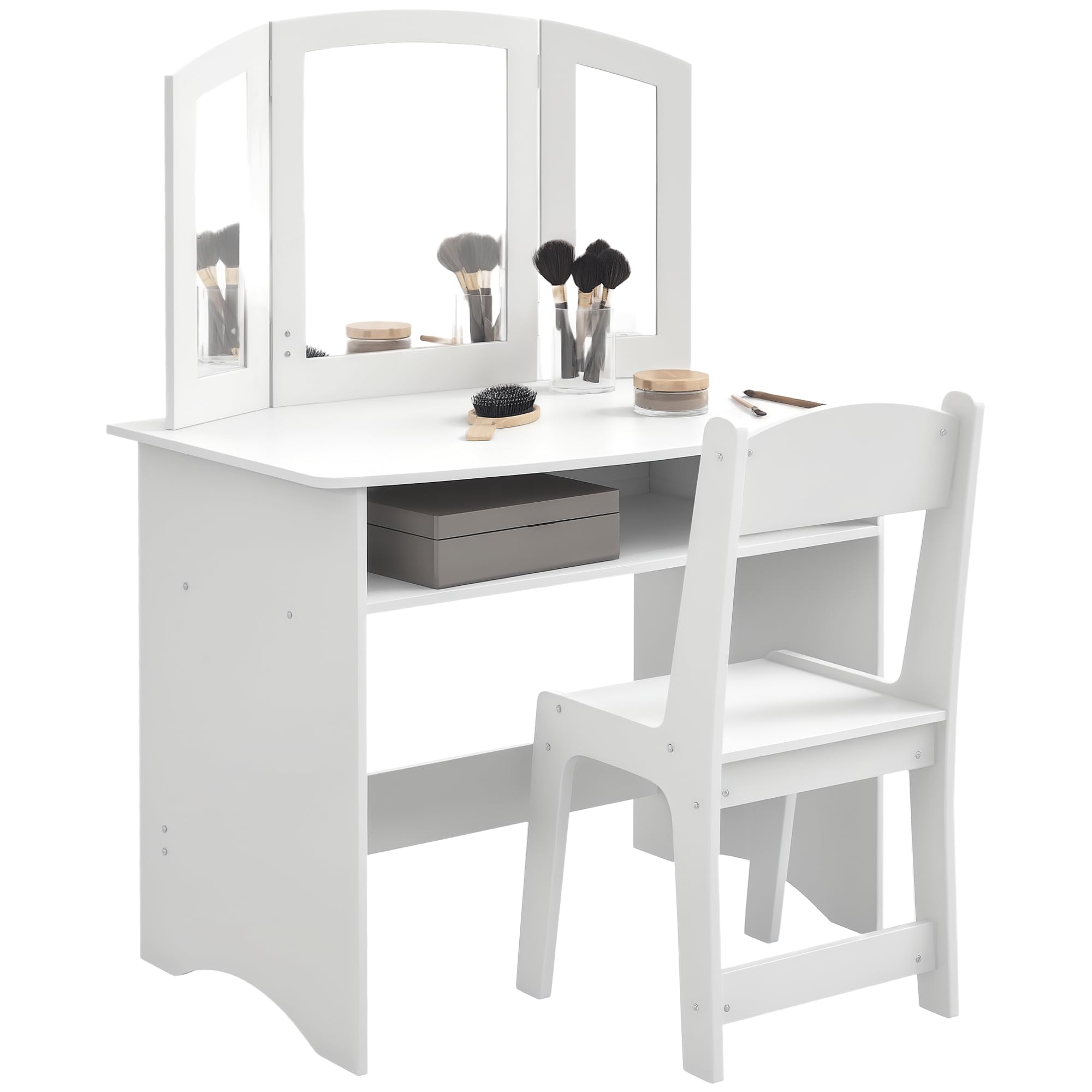 AIYAPLAY Set da Trucco per Bambini 3-6 Anni, Tavolo Toeletta con Specchio Triplo Rimovibile e Sedia in Legno, Bianco