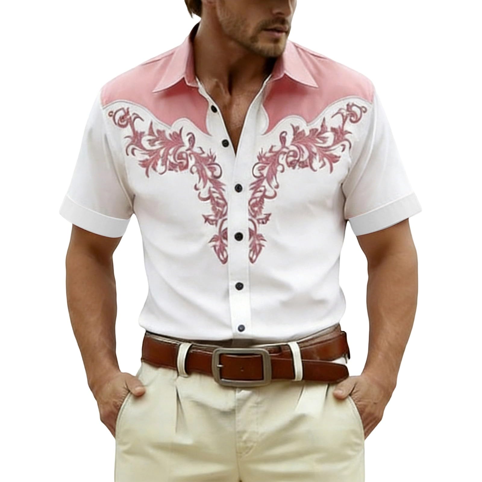 RUMAOZIA Men's Shirt Western Cowboy Style 3D Print White Vintage Medieval Shirts Short Sleeve Cowboy Costume Shirt Embroidery Look Men Carnival Party Top Regular Fit Fancy Dress Costume, O Rosa, S