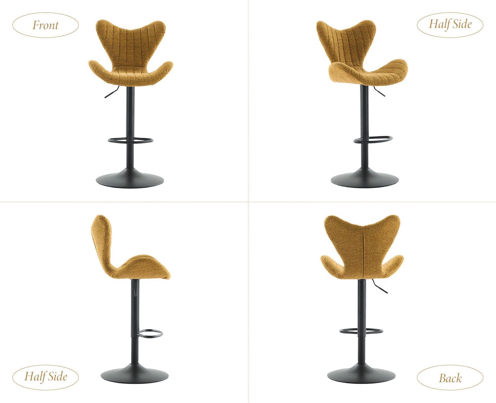 Tabouret de Bar Pivotant 360° en Chenille Lot de 2 Tabourets Hauts avec Dossier Unique Chaise de Bar Réglable en Hauteur pour Cuisine, Jaune