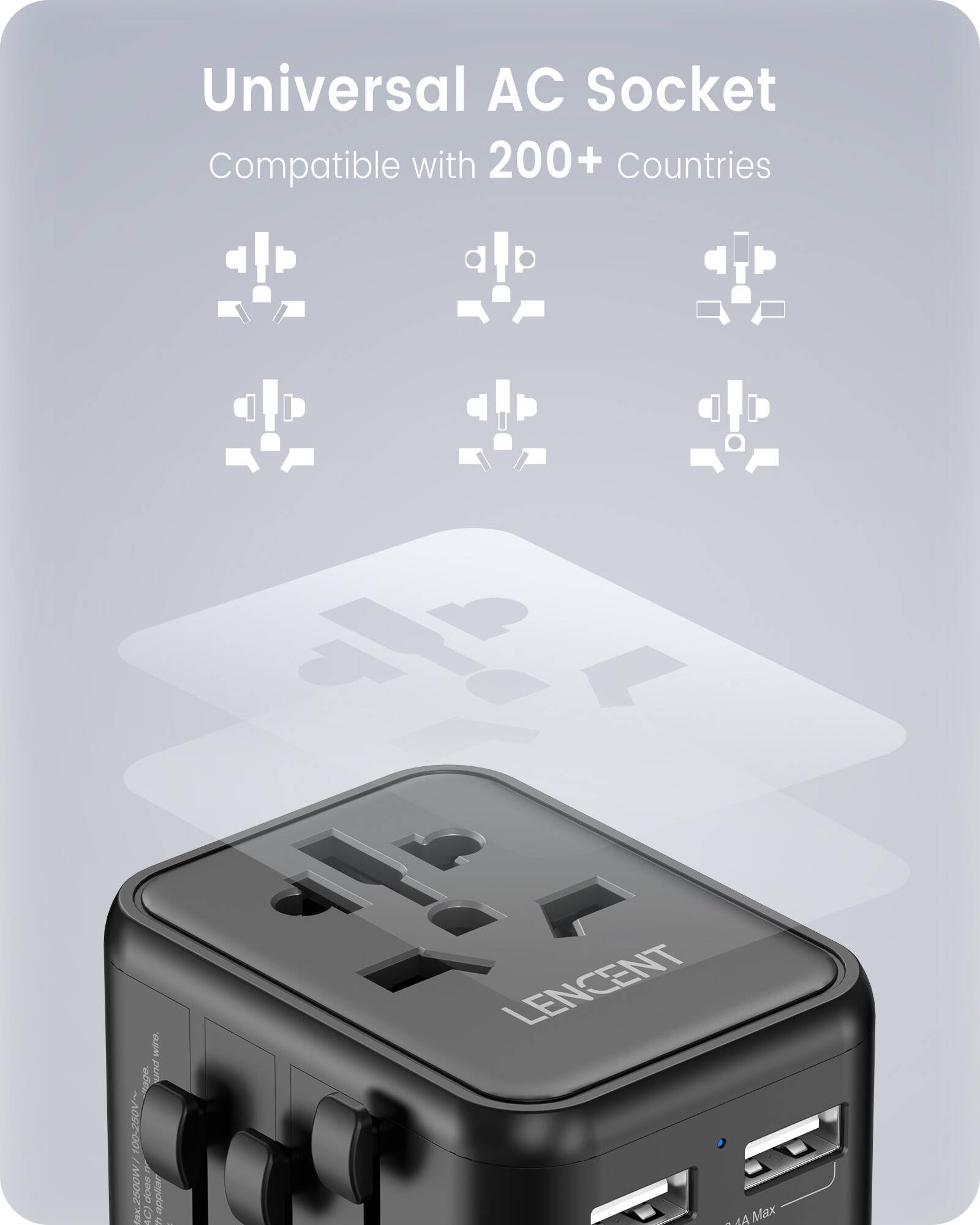 LENCENT Adattatore Spina Universale, Presa Internazionale con 2 Porte USB, Caricatore Spina da Viaggio per Europa, Stati Uniti, Canada, Regno Unito e Australia, Mini & Compatto, per 200+ Paesi -Nero