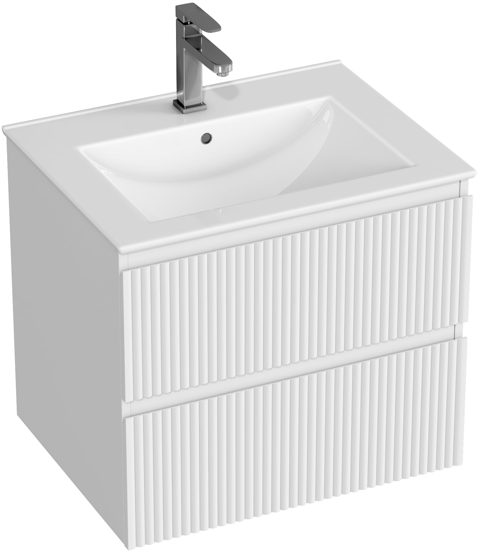 Mueble de Baño Suspendido 60 cm con Lavabo de Cerámica y 2 Cajones Profundos | Panel con Acabado Estriado Vertical, MDF E1 Antihúmedo, Blanco