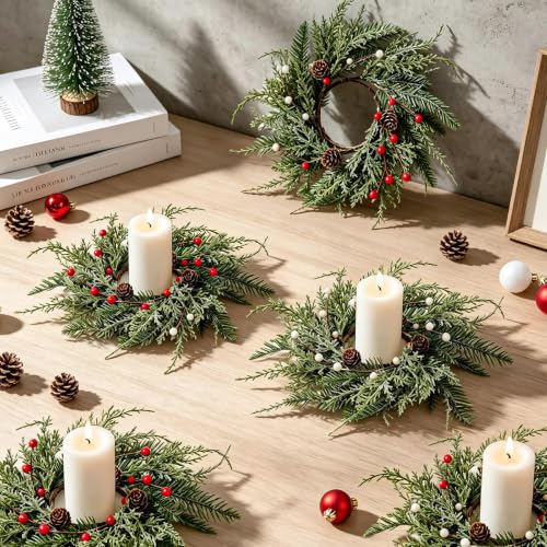 Image of 4 PCS Fall Candle Ring Wreaths Artificial Autumn Candle Holder Wreath | Thanksgiving Candle Ring with Berries Eucalyptus Forsythia for Farmhouse Harvest Pillar Candles Table Centerpiece Decor