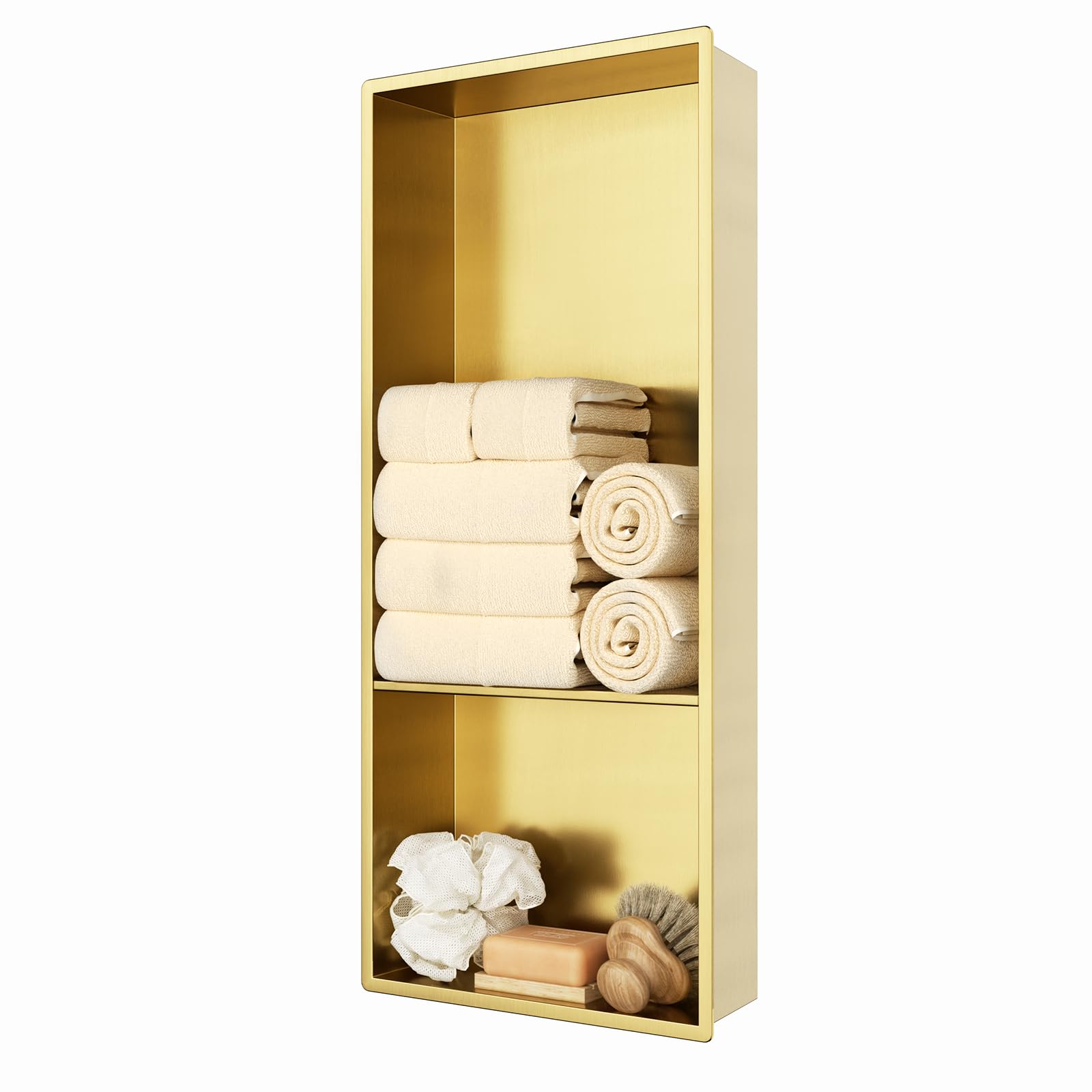 KEOKBON 25x60x10cm Shower Niche 304 Stainless Steel, 25x40,25x20cm Double Shelf Shower Storage, Waterproof Storage - Easy Installation for Home Improvement, Bathroom Renovation, Pre-Built, Golden