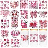 CRASHOT UV DTF Cup Wrap - 20 Sheet Nurse Valentine Bows UV DTF Transfer Stickers, Pink Medical Cup Wraps for Glass, Healthcare Worker Decals, DIY Crafts for Nurses Colleagues