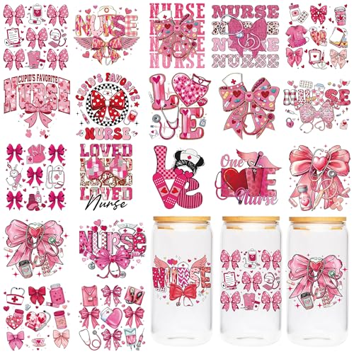 CRASHOT UV DTF Cup Wrap - 20 Sheet Nurse Valentine Bows UV DTF Transfer Stickers, Pink Medical Cup Wraps for Glass, Healthcare Worker Decals, DIY Crafts for Nurses Colleagues