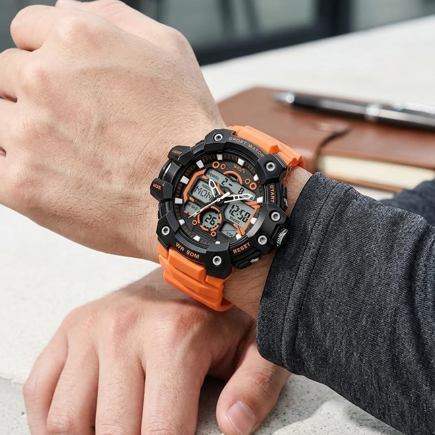 Image of V2A Stryke 53mm Analog Digital Sports Watch for Men | 3 Alarms & Countdown Timer | Layered Multi-Display Dial | Stopwatch, Dual Time, Day-Date | TPU Strap | 50M Water Resistant | Gift for Men