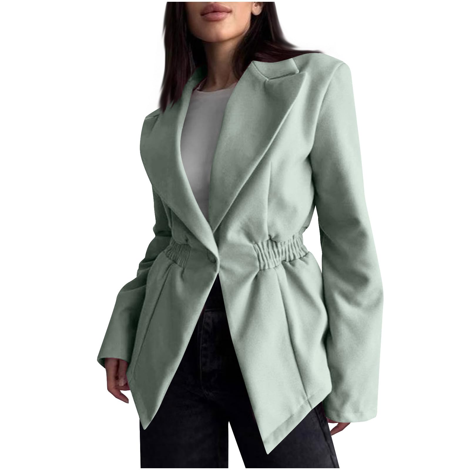 Womens Fall Winter Casual Business Wool Blend Coat Loose Single Breasted Dressy Blazer Elastic Waist Pleated Pea Coat