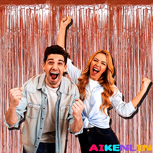Image of 4 Pack 3.2Ft x 9.8Ft Rose Gold Foil Fringe Curtain Backdrop, Metallic Tinsel Foil Fringe Streamers Curtains for Party, Photo Booth Props, Birthday, Wedding, Christmas Party Decoration Supplies
