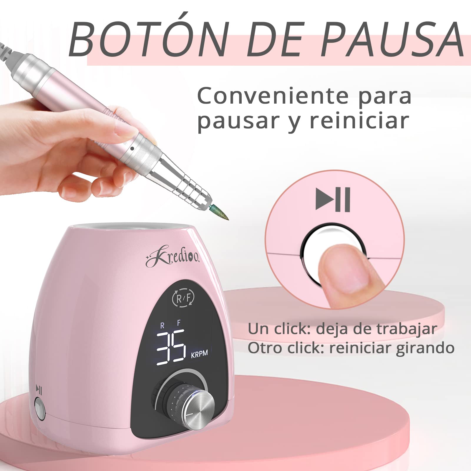 Kredioo Torno para Uñas Profesional 35000 RPM, Lima Electrica, Pulidor, Limador, Manicura y Pedicura Electrico, Fresa Portátil, Kit 6 Fresas, LED Tátil, Quitar Acrílico Gel/ Esmalte/ Callos, Rosa