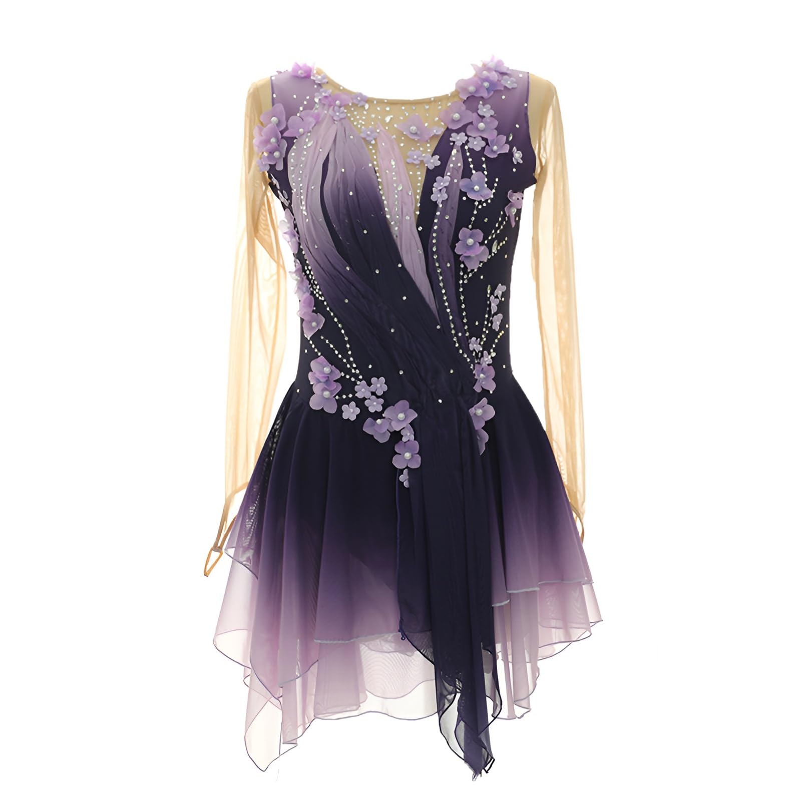 Girl's Figure Skating Dress for Competition, Women's Long Sleeves Sparkling Rhinestones Ice Skating Dress(Medium) Purple