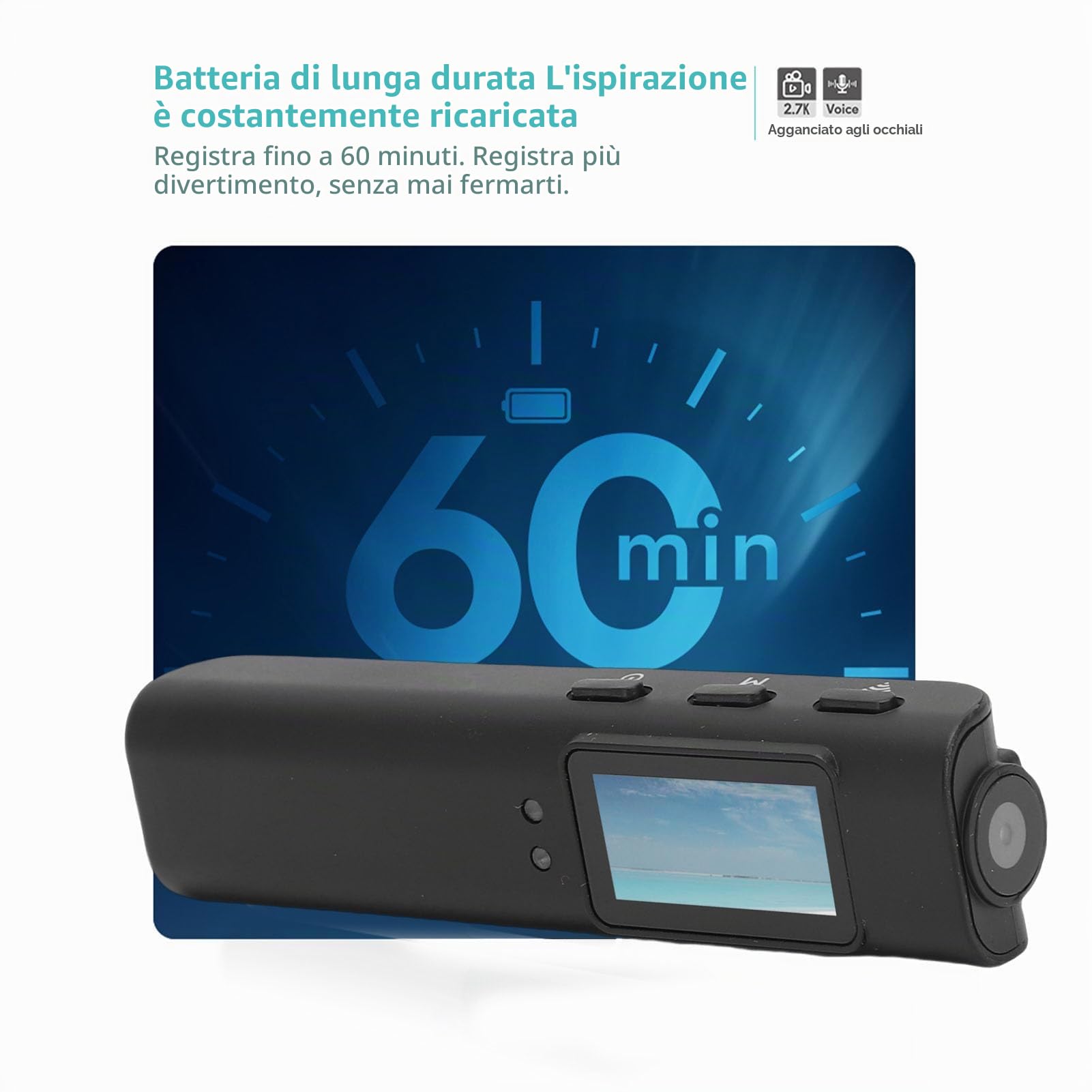 Tosuny Fotocamera Sportiva per Occhiali, Fotocamera FPV Grandangolare 2.7K HD 110° con Stabilizzazione a 2 Assi, Display da 0,96 Pollici, APP WiFi per Ciclismo, Escursionismo, (BLACK)