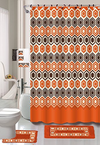 BH Home & Linen 18 Piece Embroidery Banded Shower Curtain Bath Set 1 Bath Mat 1 Contour 1 Shower Curtain 12 Matching Fabric Shower Rings 3 Pcs Matching Towel Set 100% Polyester. (Galaxy Orange)