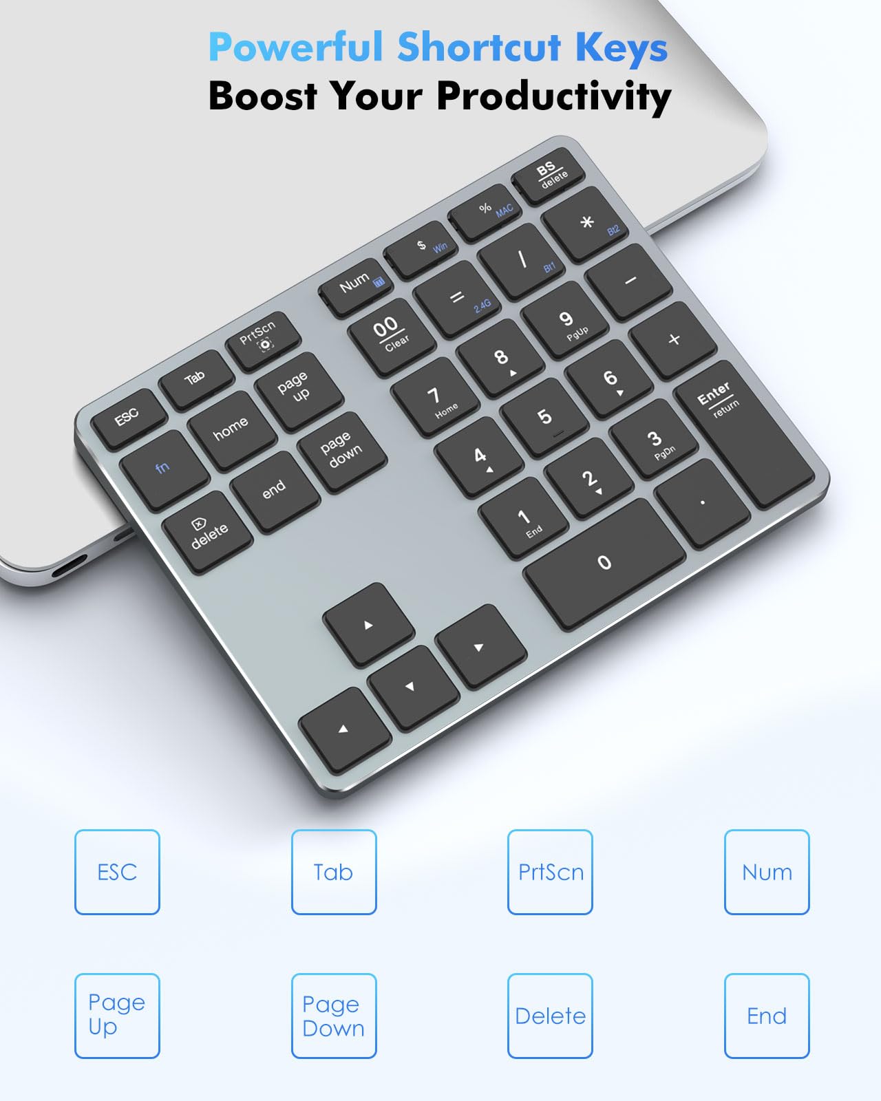 MoKo Tastiere Numeriche Bluetooth, Tastiera Wireless Ricaricabile a 35 Tasti, Keypad Wireless Bluetooth 2.4 GHz, Tastierino Numerico Bluetooth per Laptop Computer Tablet MacBook iPad, Grigio Scuro
