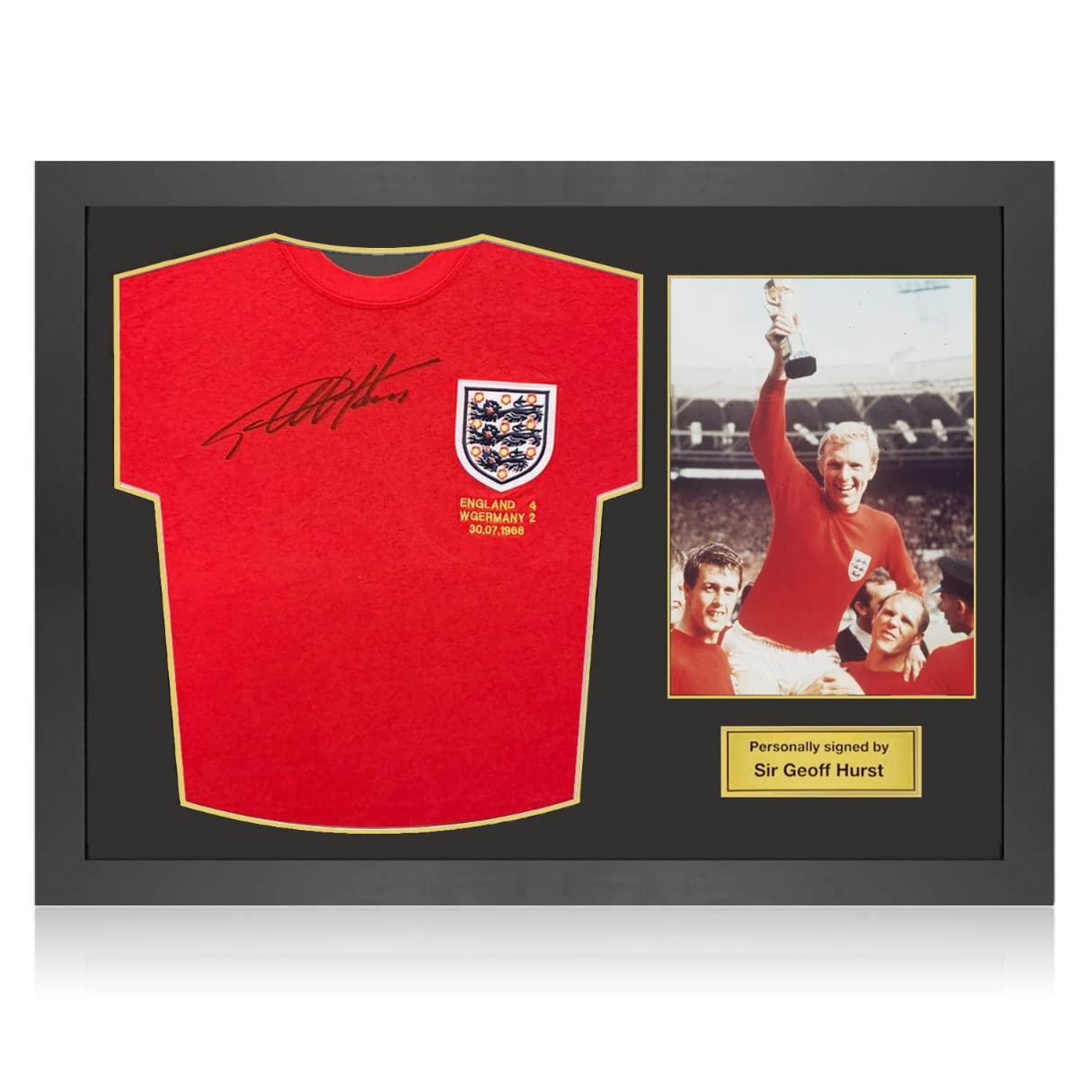 Exclusive Memorabilia Sir Geoff Hurst Signed England 1966 World Cup Football Shirt. Icon Frame